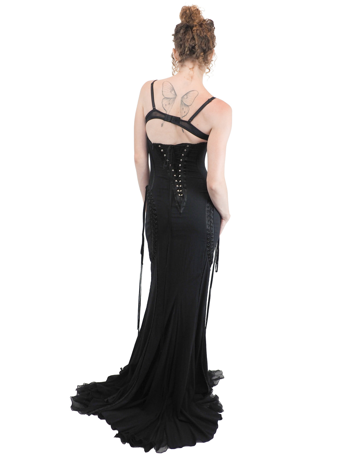 A vintage 2003 dolce and Gabbana long black spaghetti-strap dress with a corset-style bodice, side lace-up details, and a high front slit