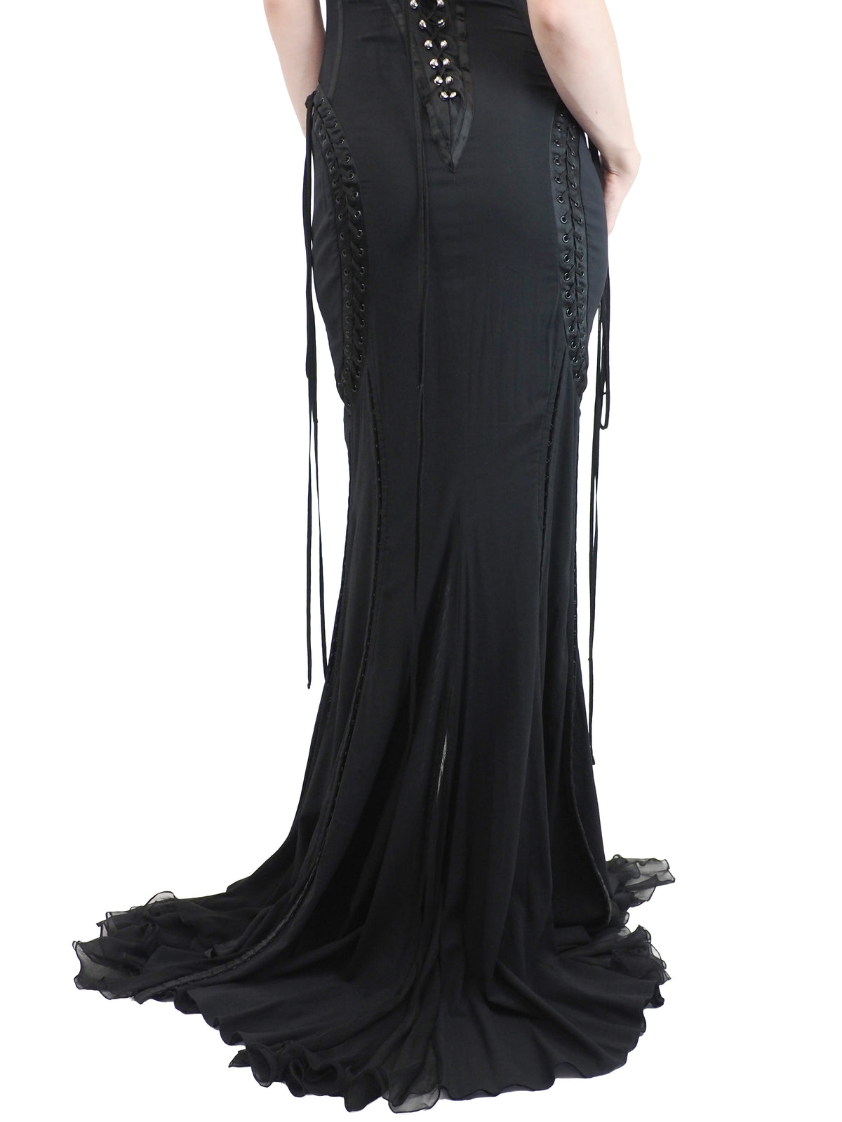 A vintage 2003 dolce and Gabbana long black spaghetti-strap dress with a corset-style bodice, side lace-up details, and a high front slit