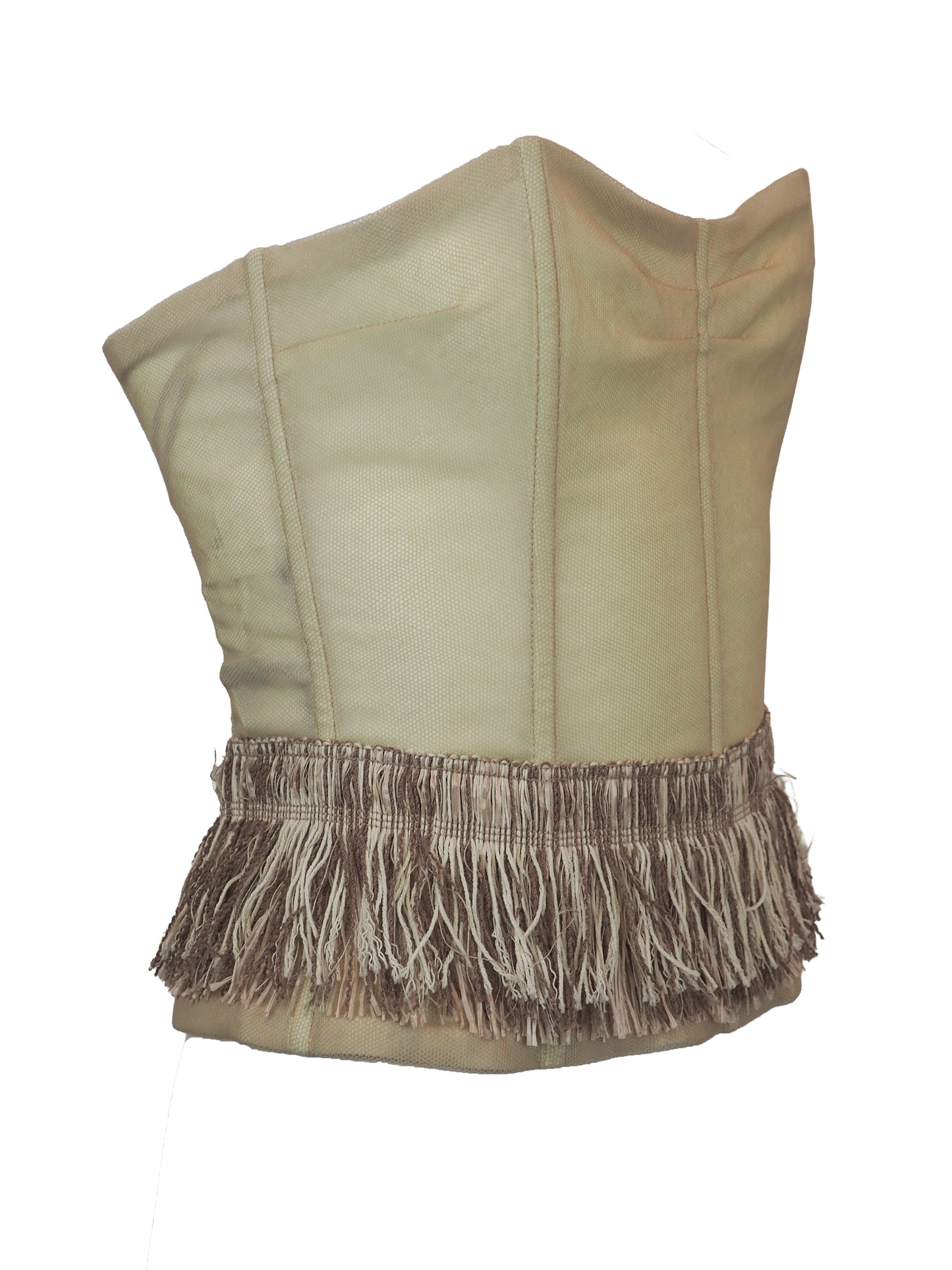 A vintage dolce and Gabbana 2005 runway strapless corset-style top in a light beige fabric, featuring a structured front with vertical seam lines and a wide fringed hem in matching beige and taupe tones