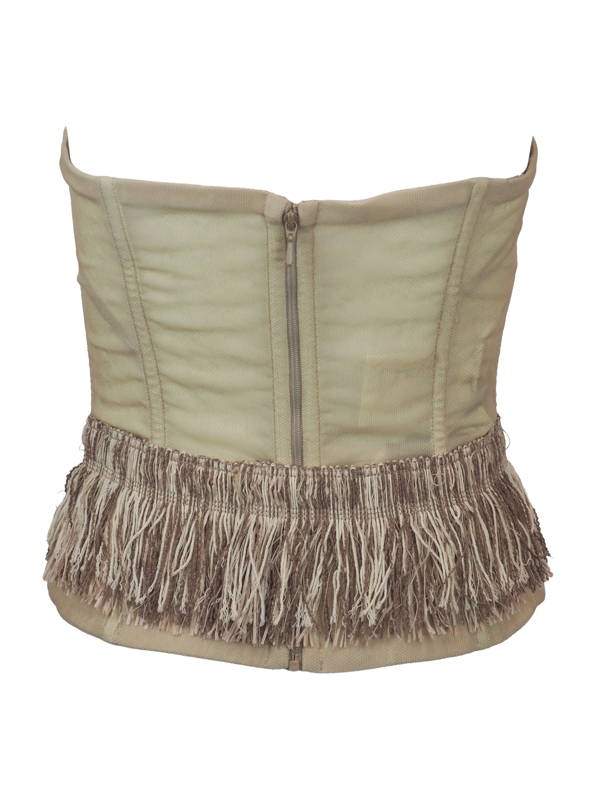 A vintage dolce and Gabbana 2005 runway strapless corset-style top in a light beige fabric, featuring a structured front with vertical seam lines and a wide fringed hem in matching beige and taupe tones