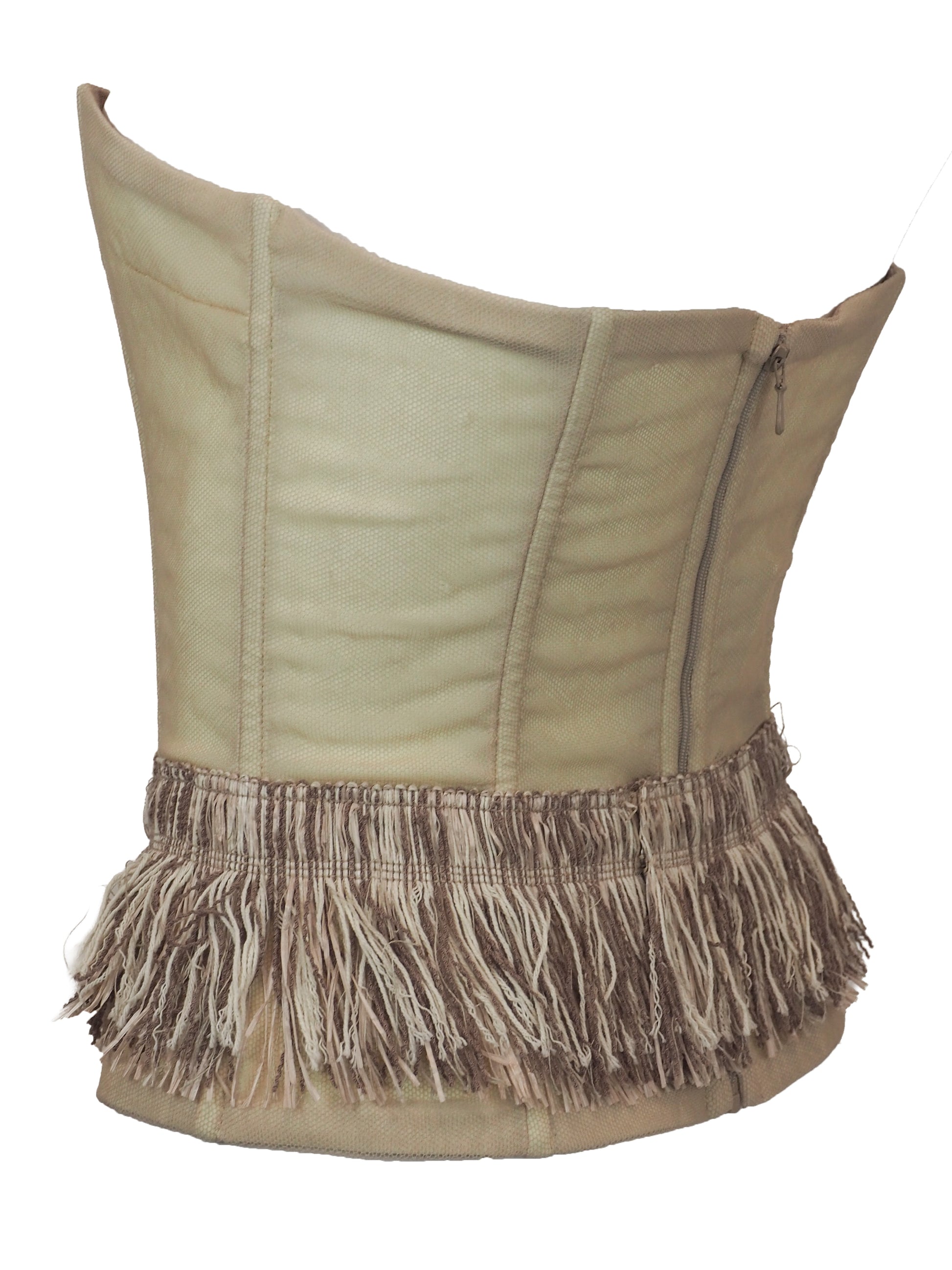 A vintage dolce and Gabbana 2005 runway strapless corset-style top in a light beige fabric, featuring a structured front with vertical seam lines and a wide fringed hem in matching beige and taupe tones