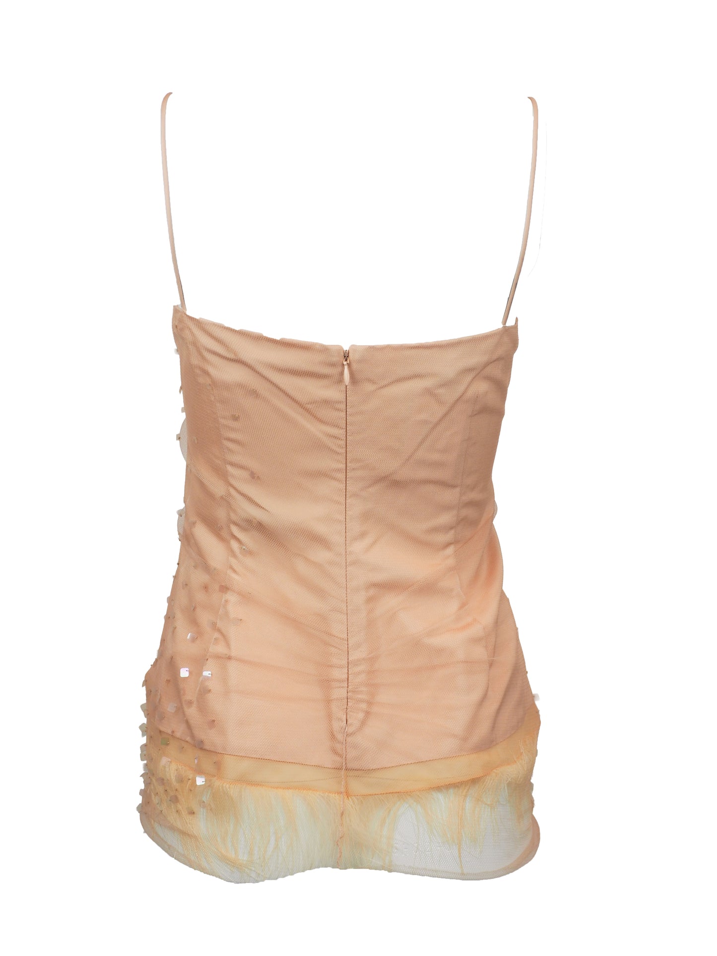 A vintage Donna Karan pink colored sheer mesh camisole top with thin straps, embellished with scattered sequins and a feather hem