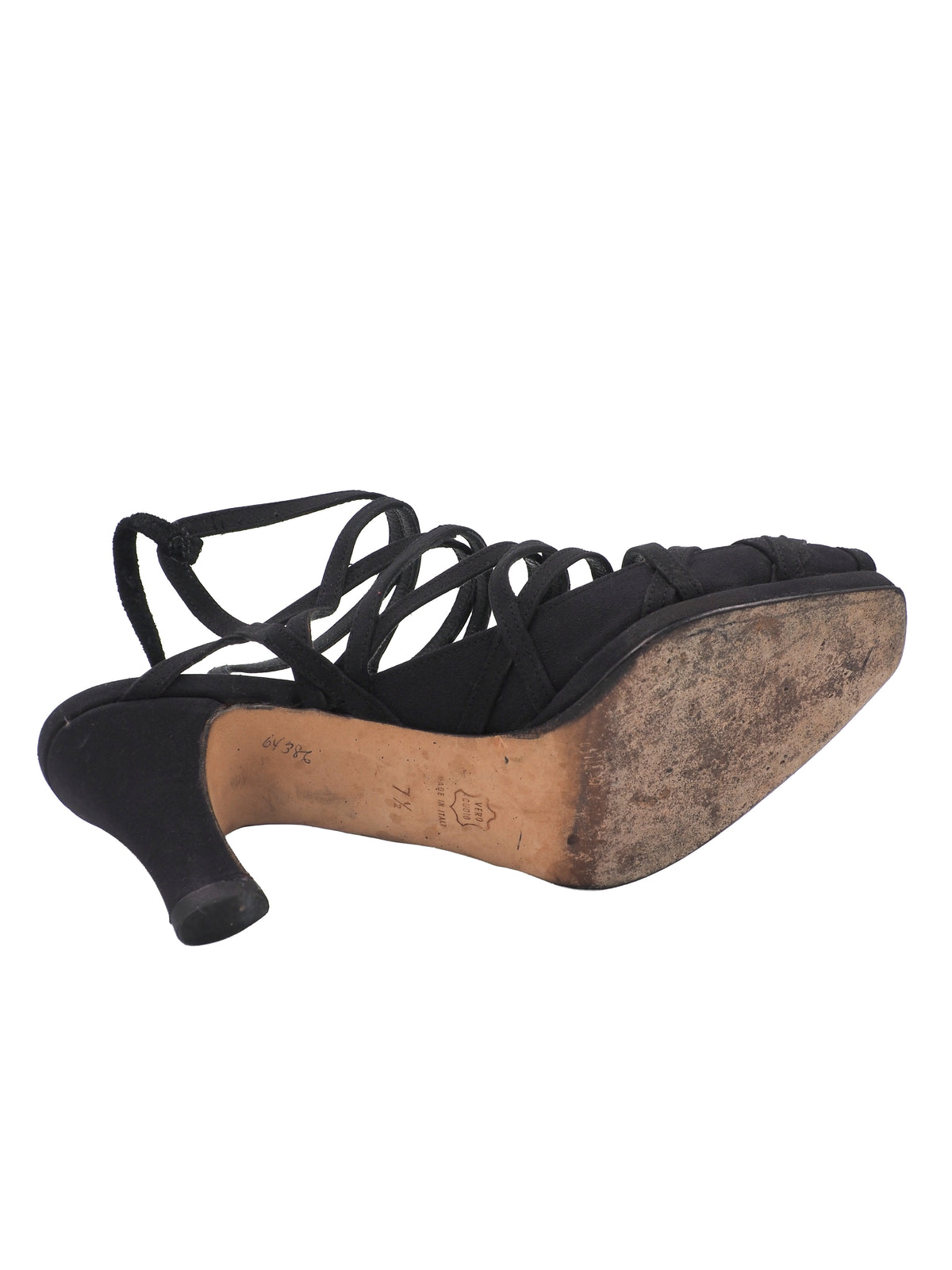 A pair of vintage donna Karan black strappy slingback high-heeled sandals with a low block heel and cutout toe