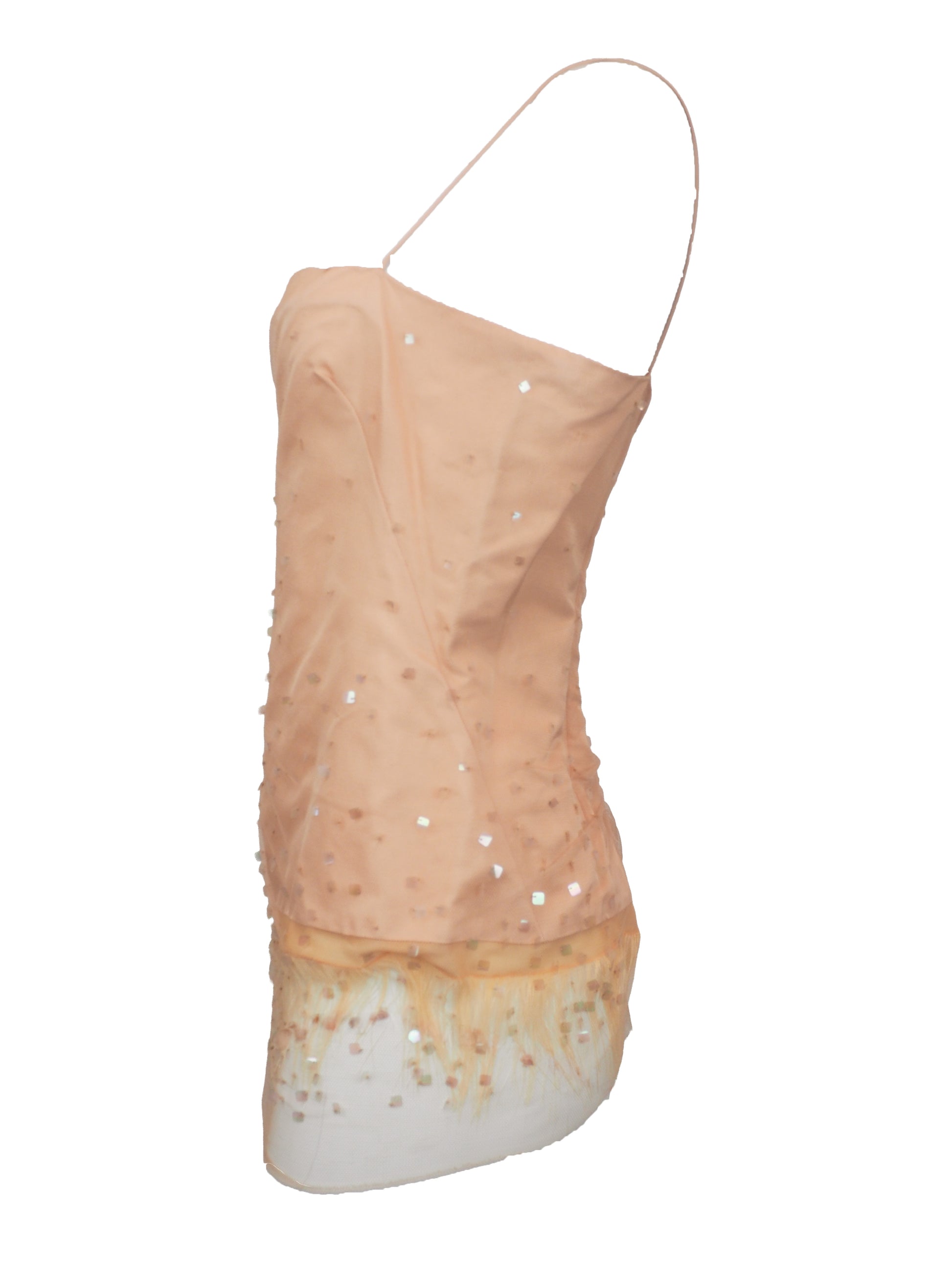 A vintage Donna Karan pink colored sheer mesh camisole top with thin straps, embellished with scattered sequins and a feather hem