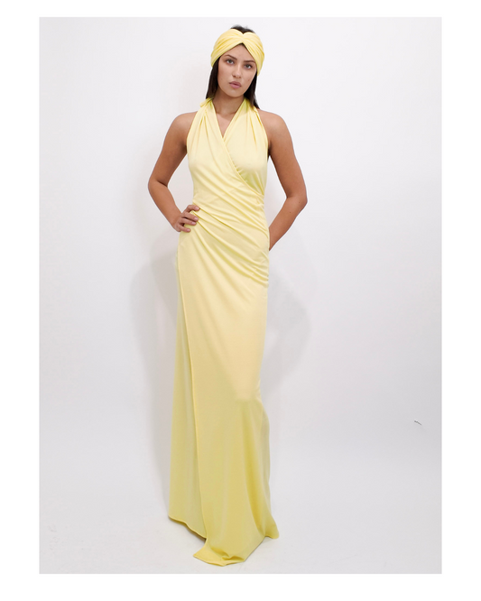 Vintage 1970s Yellow Jersey Halter Wrap Dress and Turban Set