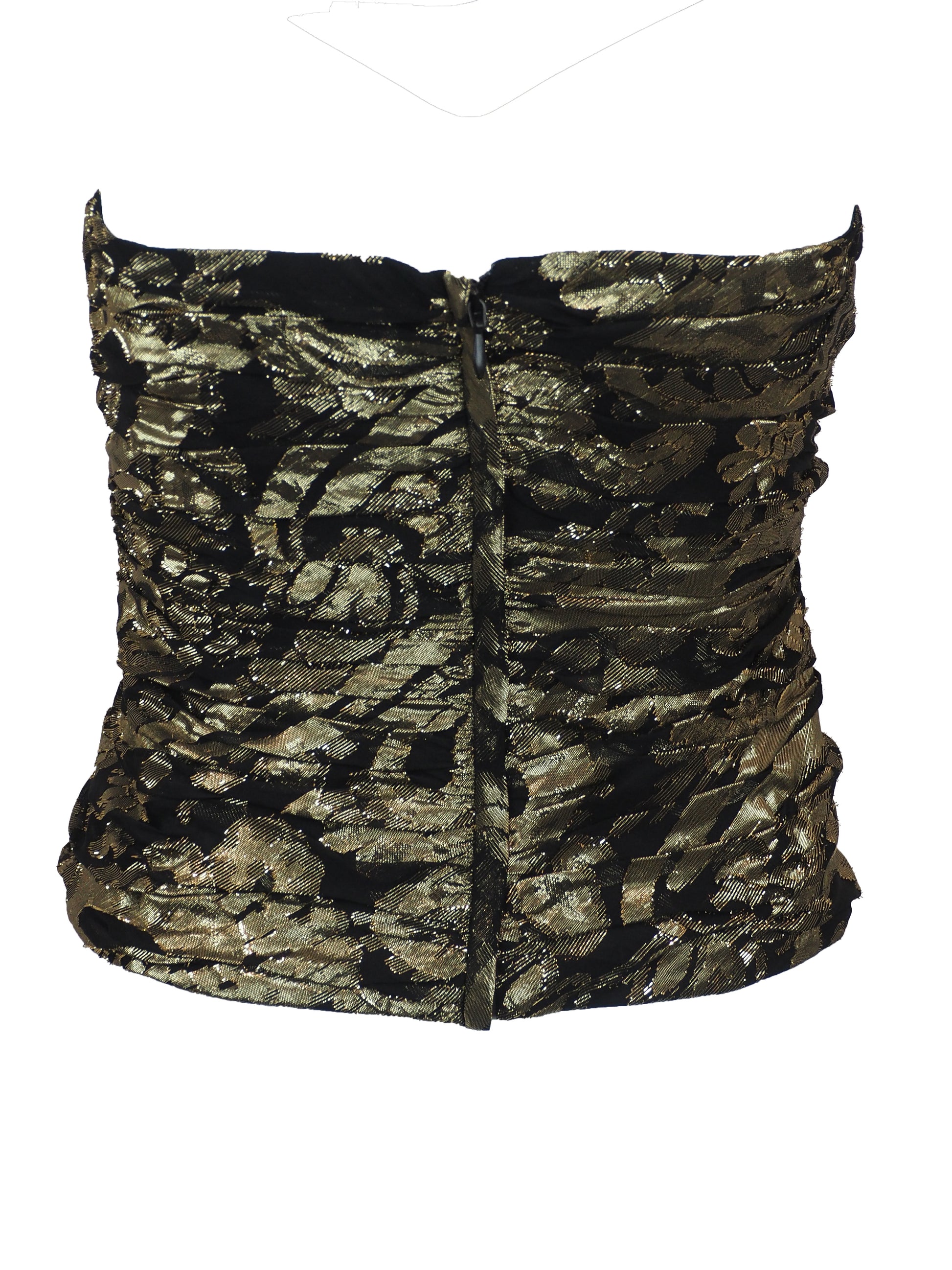 A 80s Escada strapless ruched bustier top featuring a textured metallic gold and black pattern