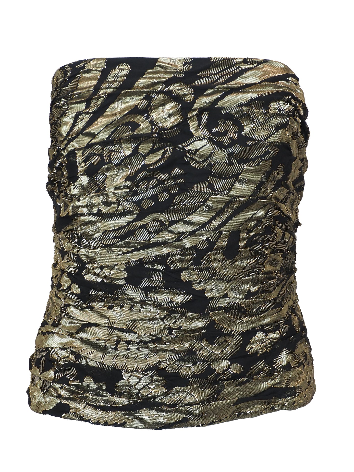 A 80s Escada strapless ruched bustier top featuring a textured metallic gold and black pattern