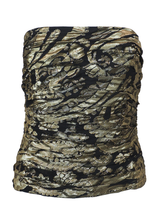 A 80s Escada strapless ruched bustier top featuring a textured metallic gold and black pattern