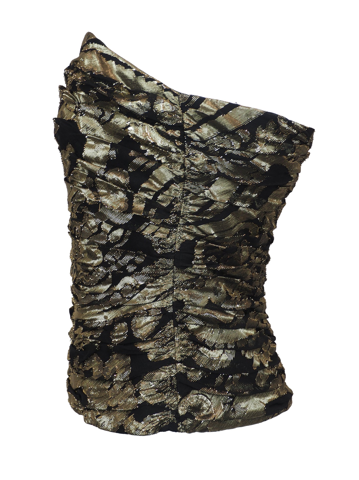 A 80s Escada strapless ruched bustier top featuring a textured metallic gold and black pattern