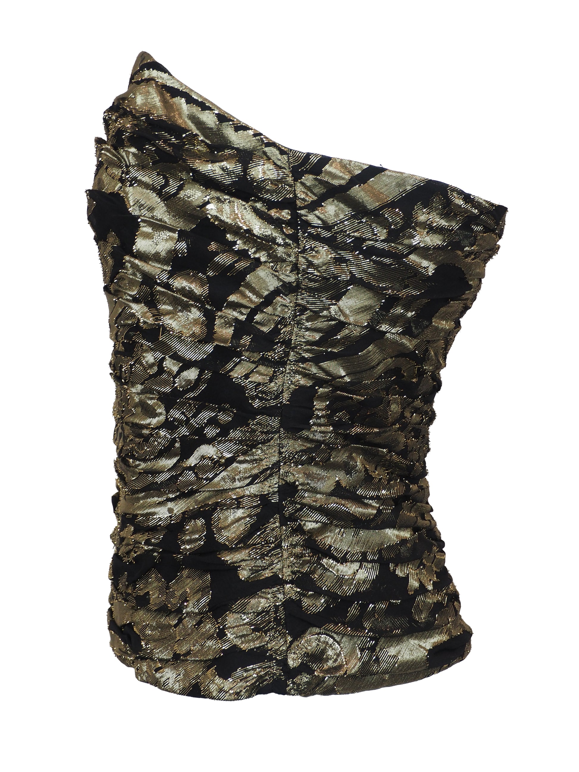 A 80s Escada strapless ruched bustier top featuring a textured metallic gold and black pattern