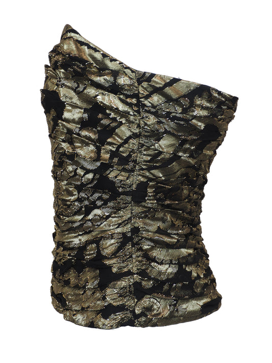 A 80s Escada strapless ruched bustier top featuring a textured metallic gold and black pattern