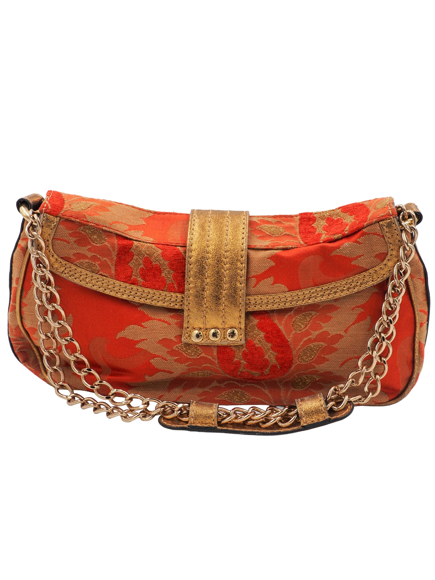 A vintage etro small shoulder bag with a red and gold floral jacquard pattern, featuring a gold-tone chain strap and a decorative red and gold clasp 