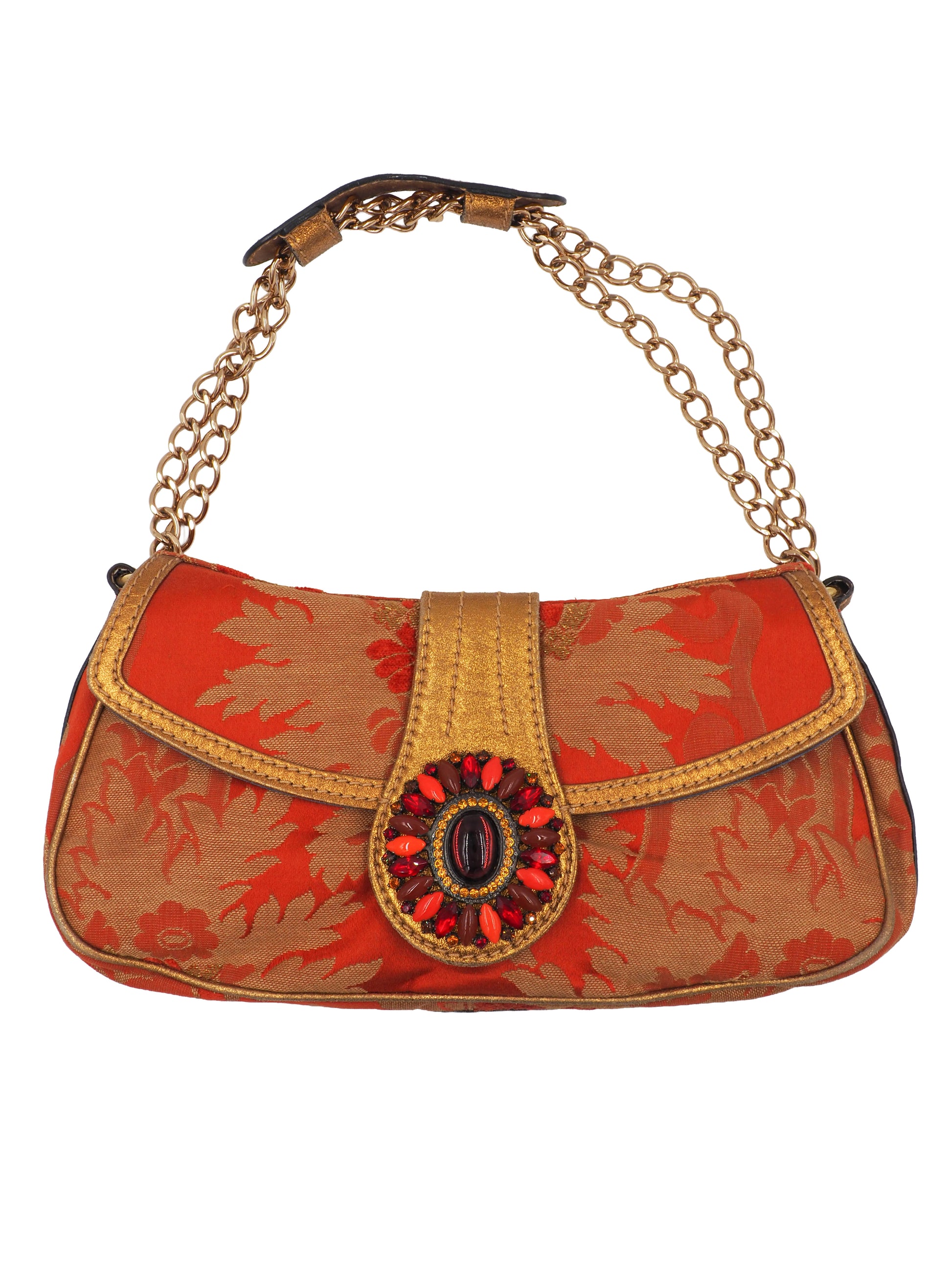 A vintage etro small shoulder bag with a red and gold floral jacquard pattern, featuring a gold-tone chain strap and a decorative red and gold clasp 