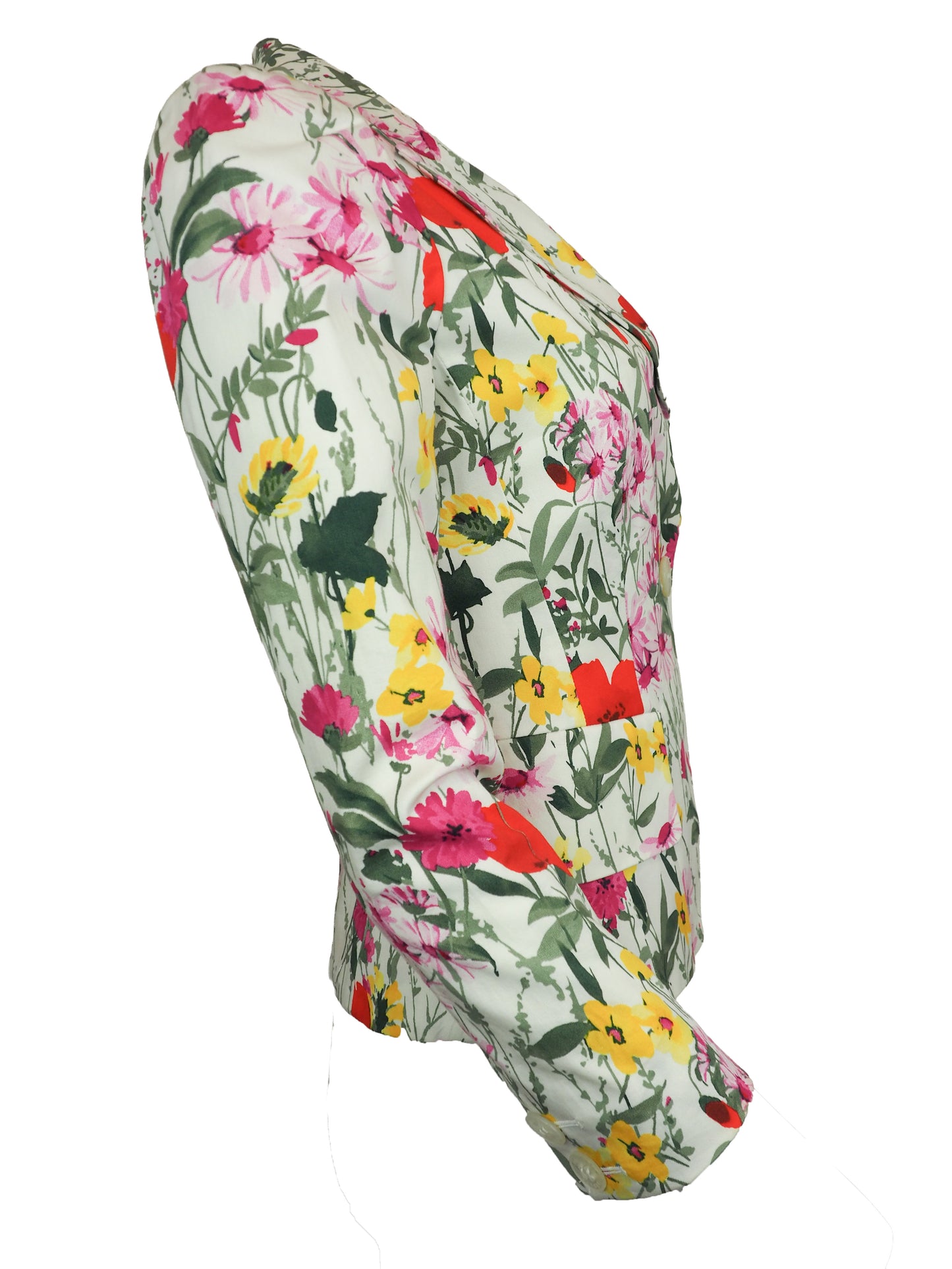 A vintage women's long-sleeve blazer by Feraud, featuring a vibrant multicolor floral print on a light cream background. The print includes red poppies, pink and yellow flowers, and green leaves.