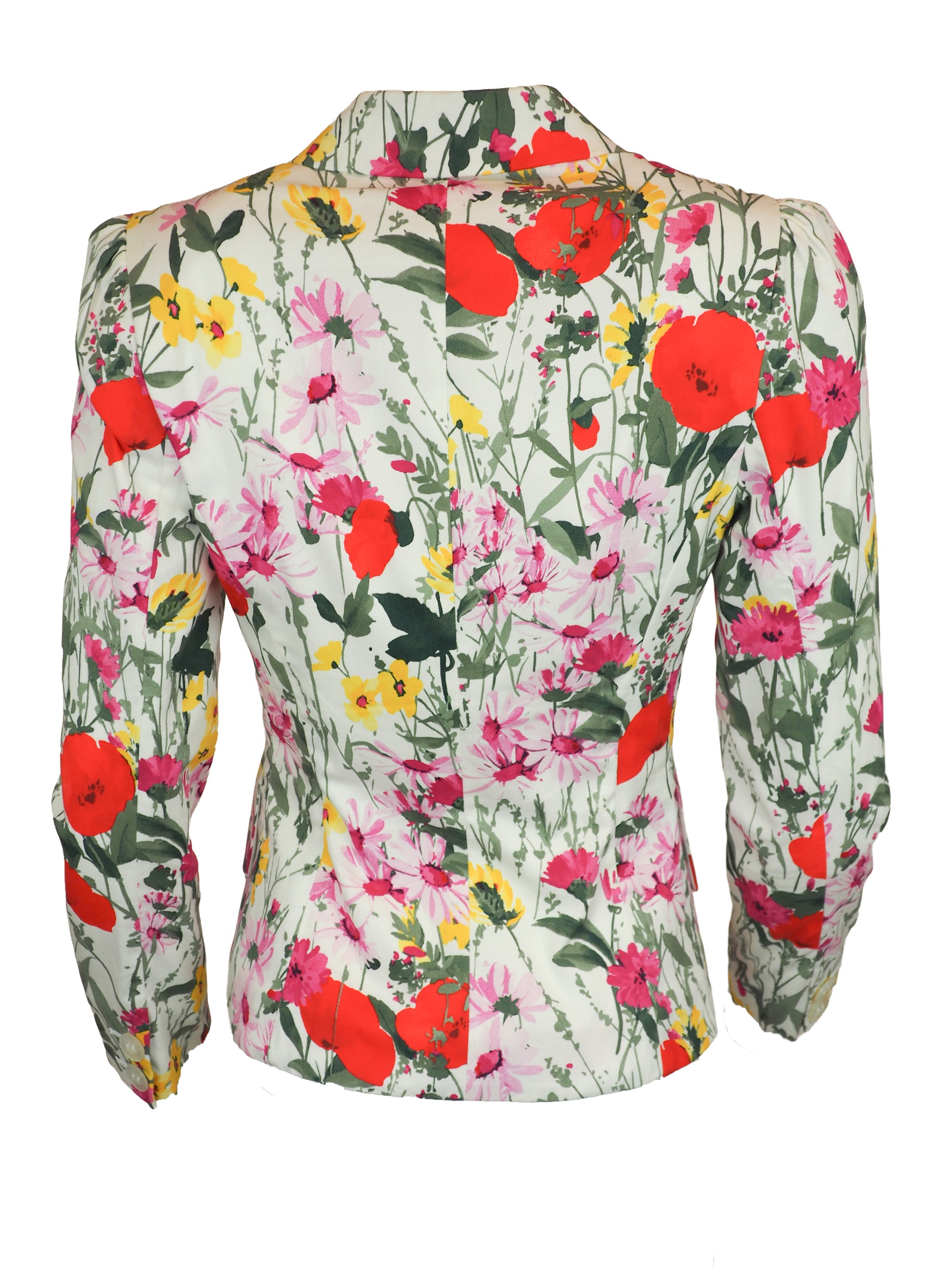 A vintage women's long-sleeve blazer by Feraud, featuring a vibrant multicolor floral print on a light cream background. The print includes red poppies, pink and yellow flowers, and green leaves.