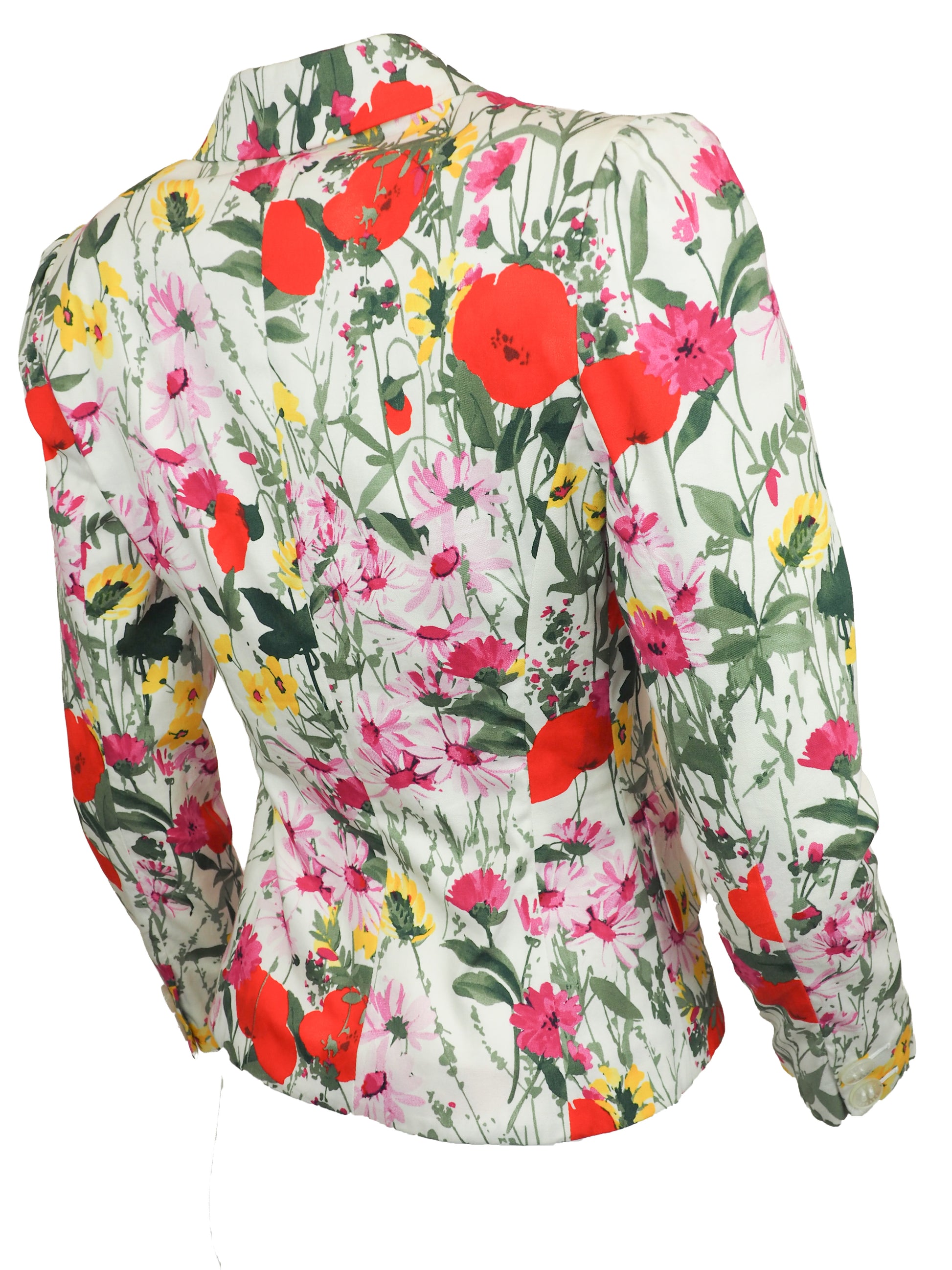 A vintage women's long-sleeve blazer by Feraud, featuring a vibrant multicolor floral print on a light cream background. The print includes red poppies, pink and yellow flowers, and green leaves.