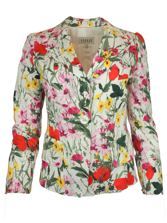A vintage women's long-sleeve blazer by Feraud, featuring a vibrant multicolor floral print on a light cream background. The print includes red poppies, pink and yellow flowers, and green leaves.