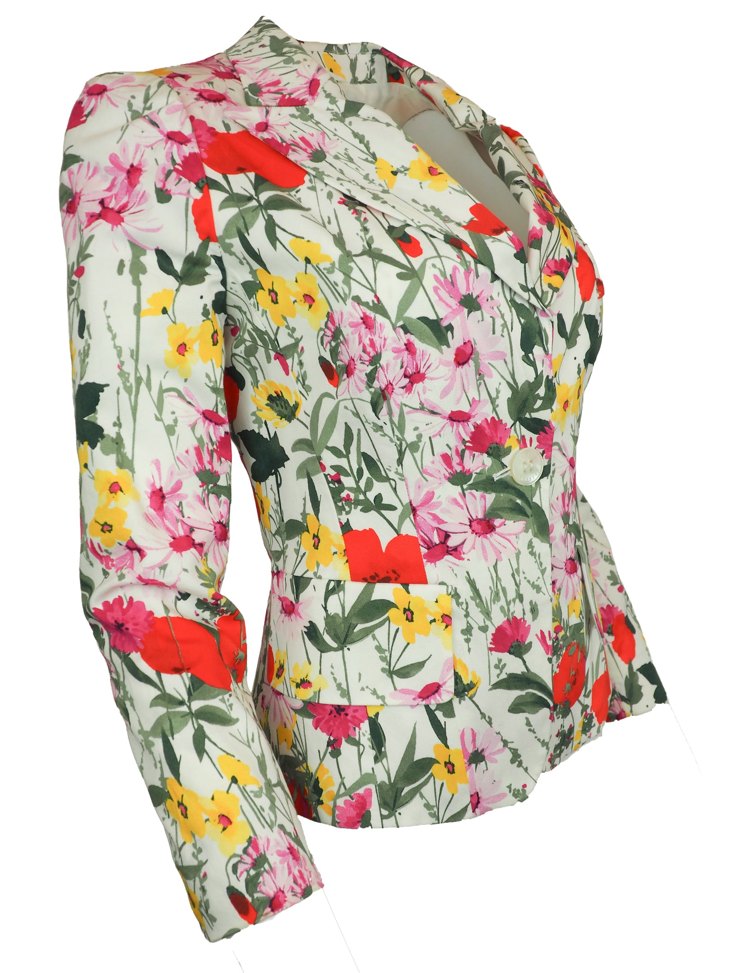 A vintage women's long-sleeve blazer by Feraud, featuring a vibrant multicolor floral print on a light cream background. The print includes red poppies, pink and yellow flowers, and green leaves.