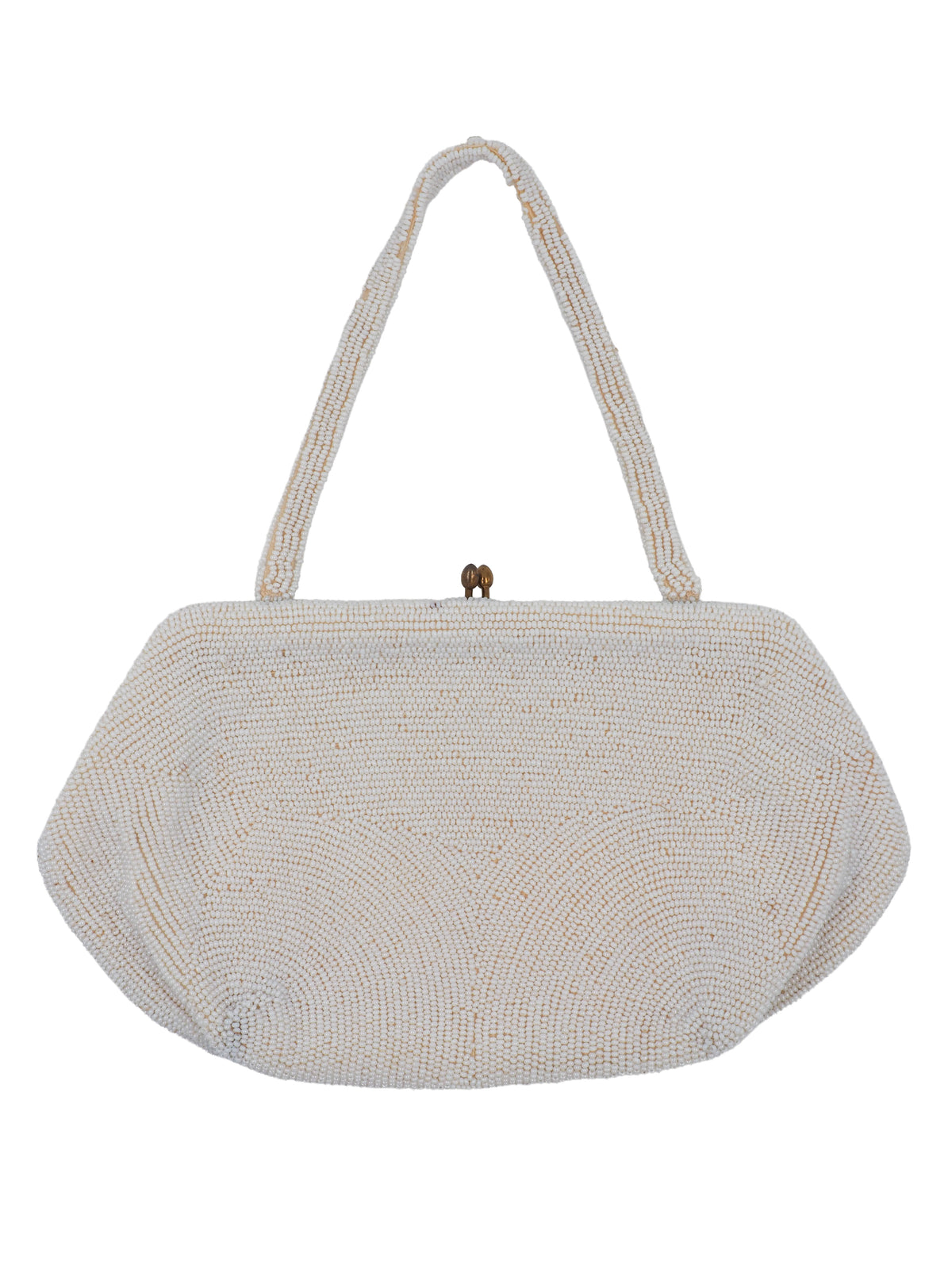 A vintage beaded handbag in a warm off-white/cream tone, featuring a floral embroidered pattern with pink, orange, and green details across the front, a small gold-tone clasp, and shoulder straps.