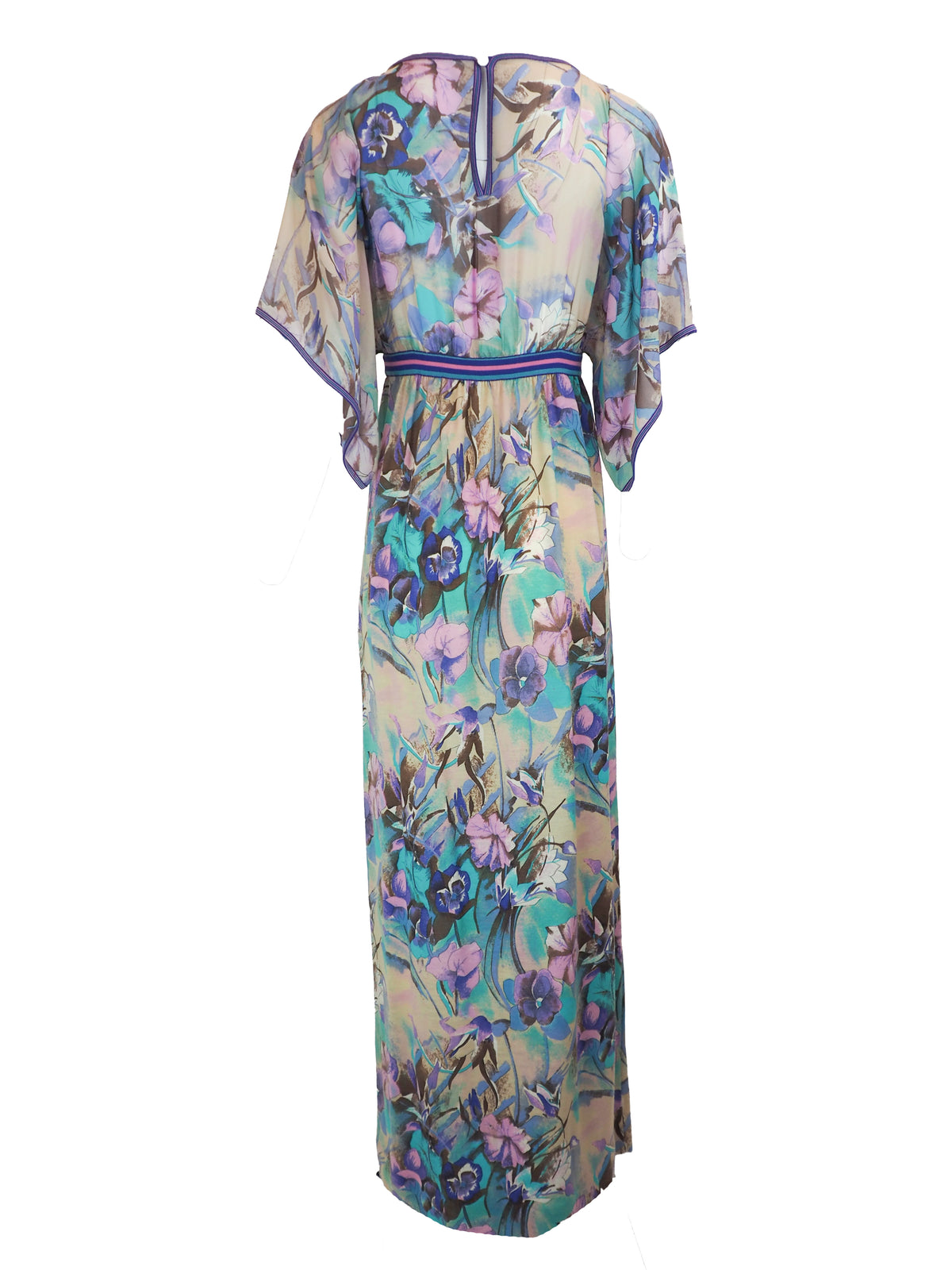 A vintage long, loose kaftan dress featuring a vibrant floral print in shades of purple, teal, and blue over a beige background, with a thin blue and red striped waistband.