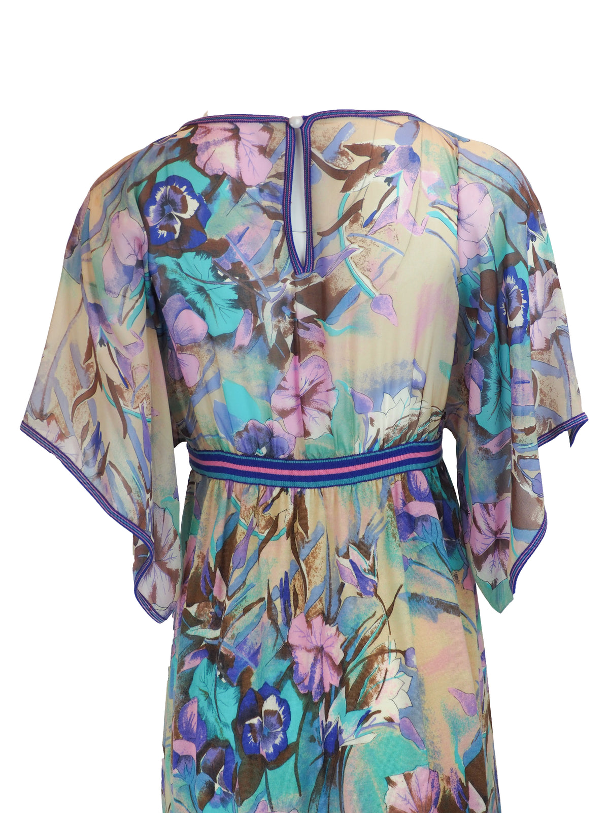 A vintage long, loose kaftan dress featuring a vibrant floral print in shades of purple, teal, and blue over a beige background, with a thin blue and red striped waistband.