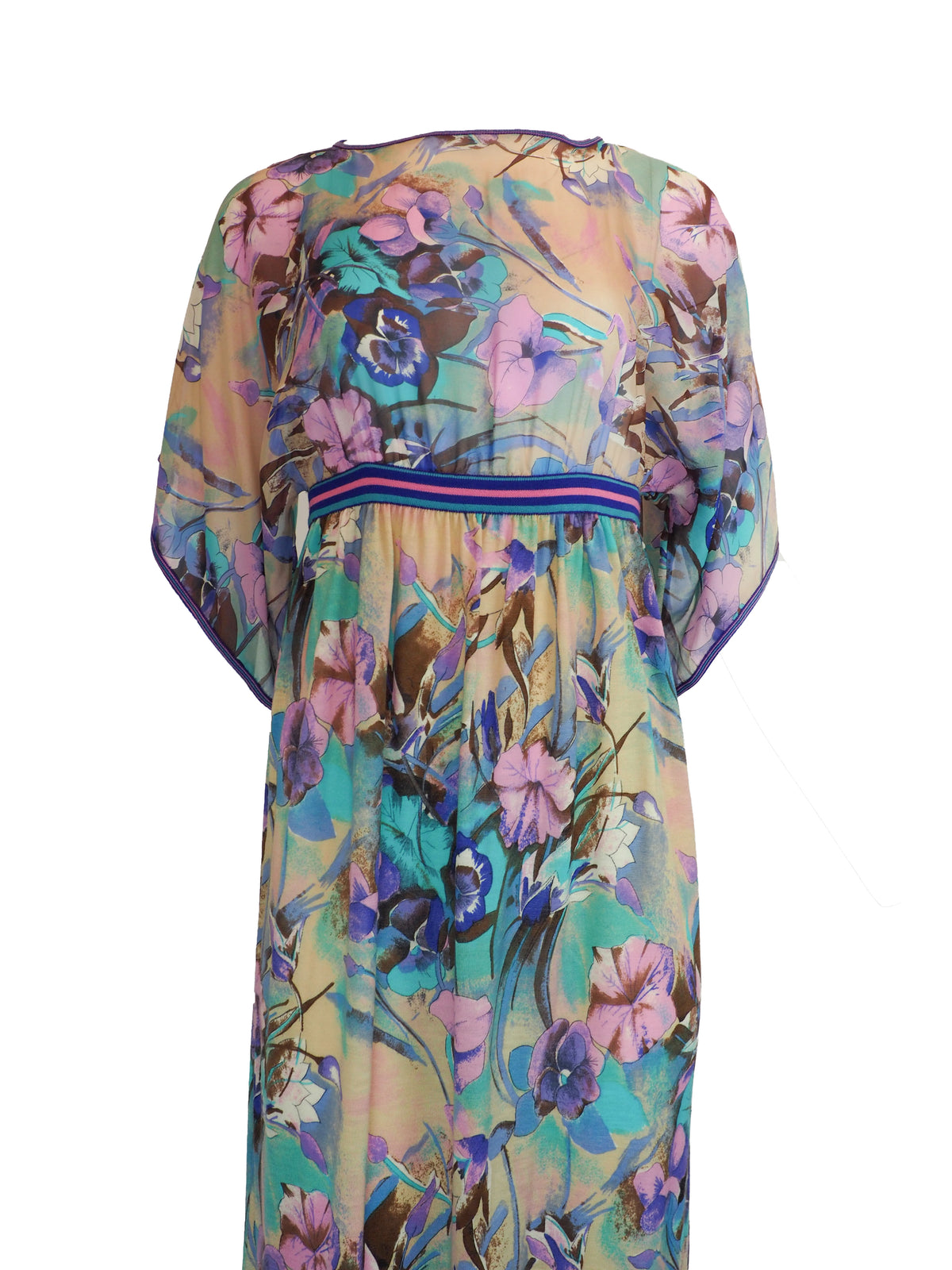 A vintage long, loose kaftan dress featuring a vibrant floral print in shades of purple, teal, and blue over a beige background, with a thin blue and red striped waistband.