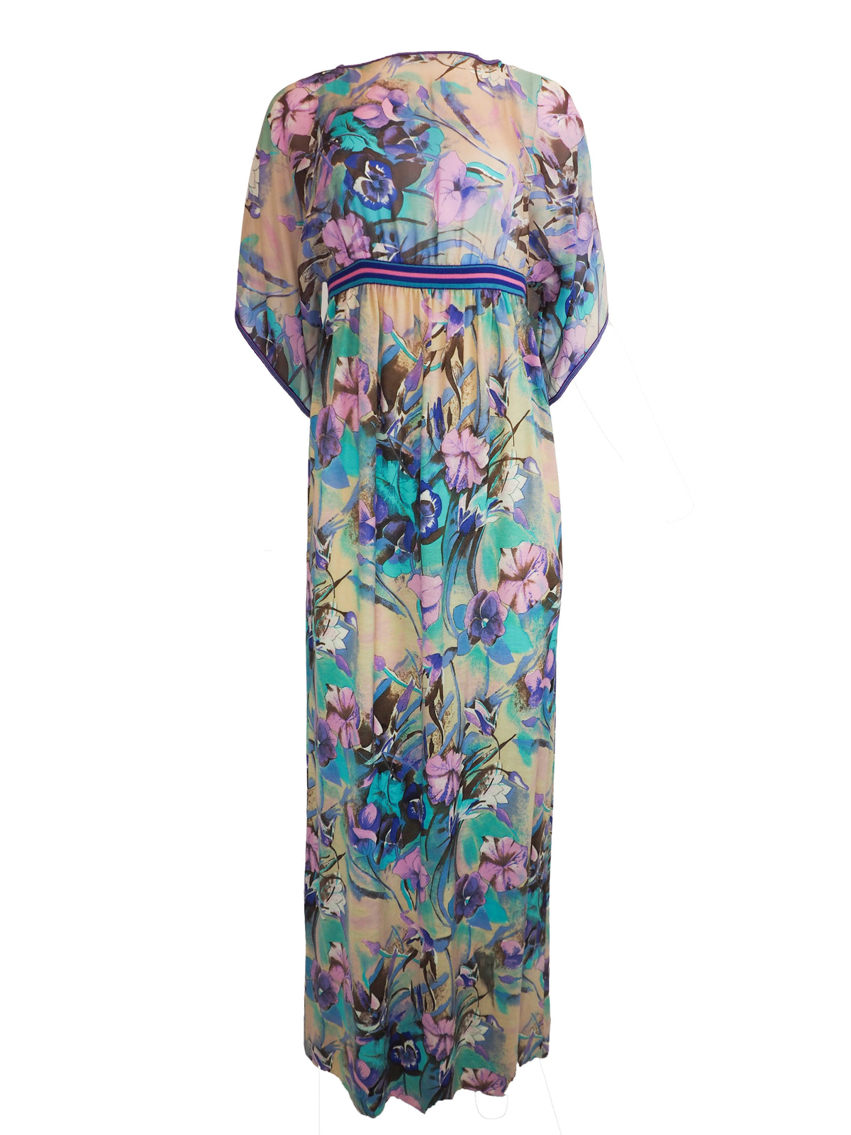 A vintage long, loose kaftan dress featuring a vibrant floral print in shades of purple, teal, and blue over a beige background, with a thin blue and red striped waistband.