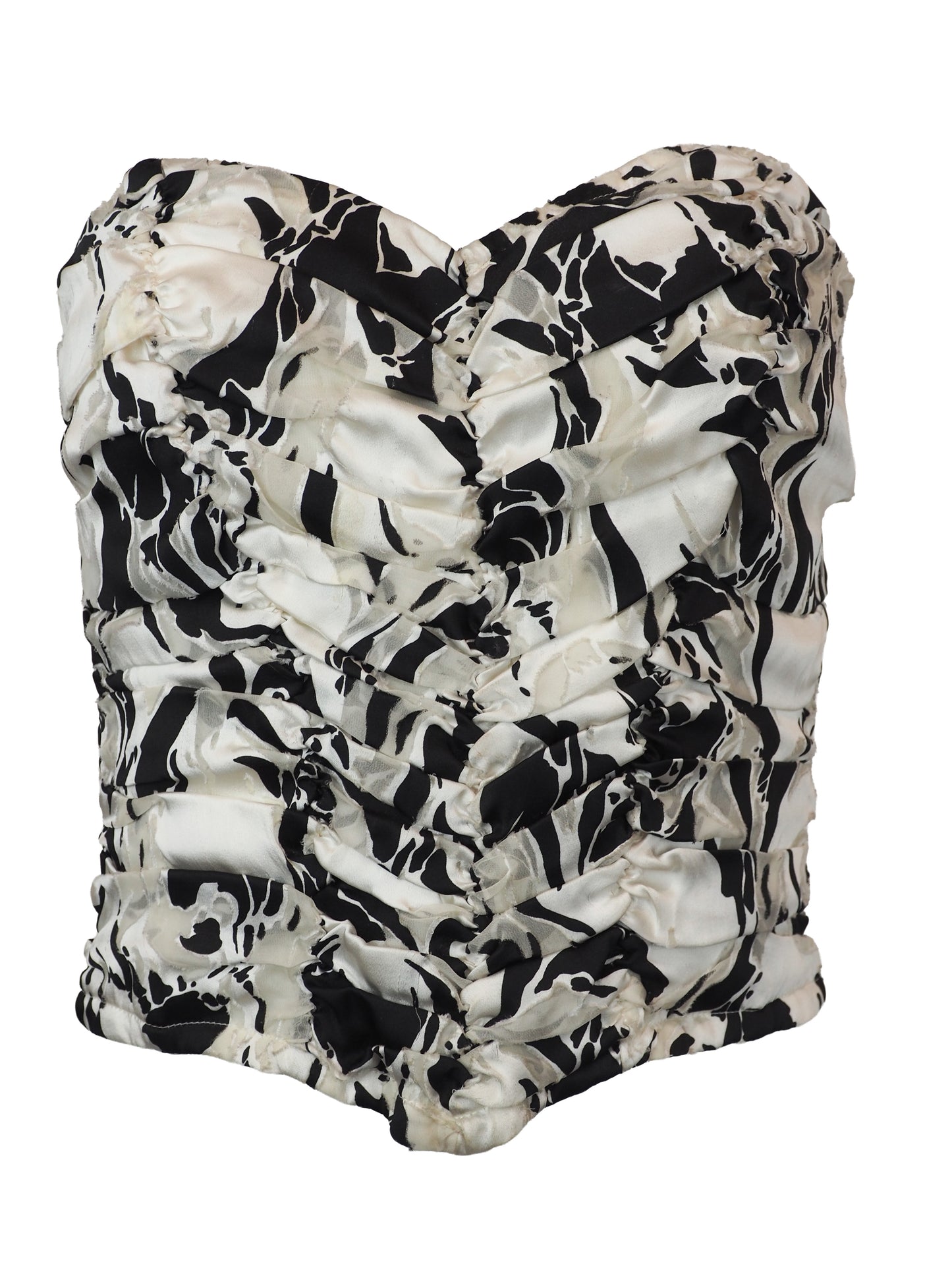 A vintage silk strapless sweetheart bustier top featuring a dramatic black and white abstract marbled pattern with heavy ruffle detailing
