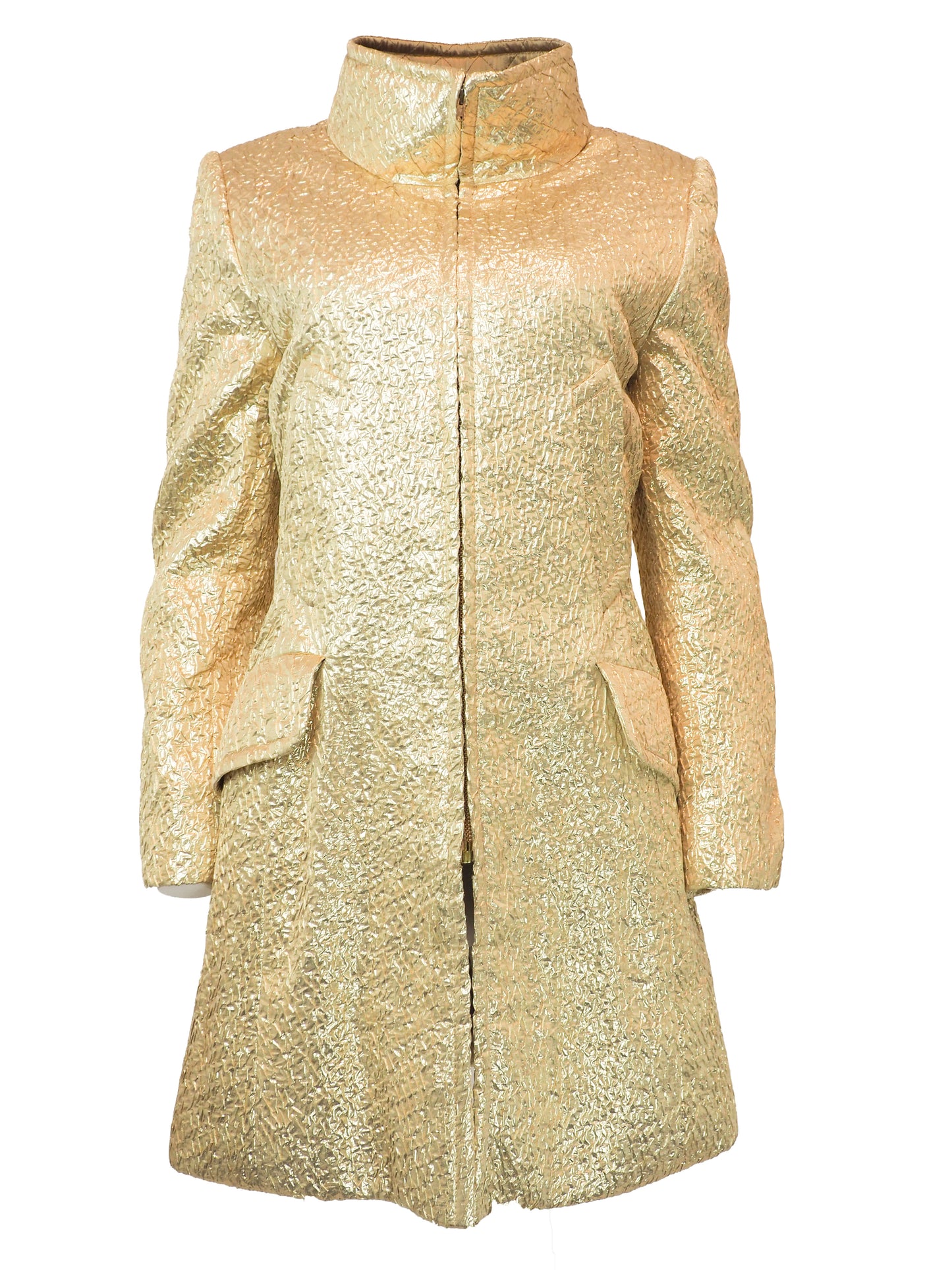 A vintage James galanos metallic gold textured coat with a high stand collar, front zipper, and side pockets