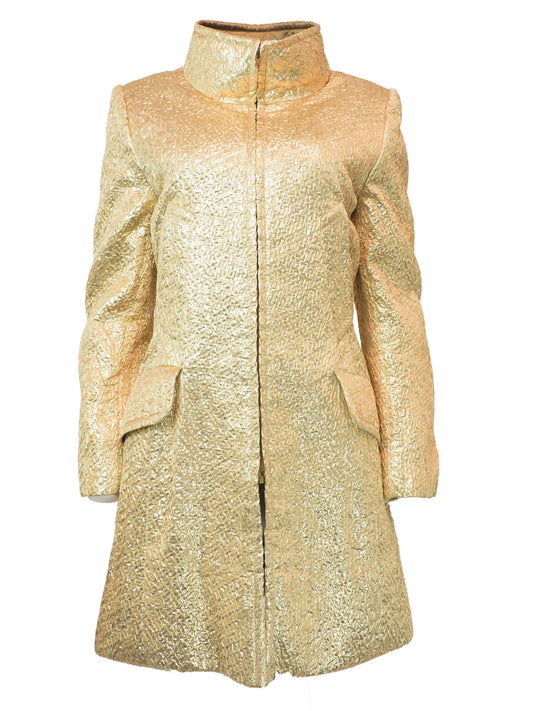 A vintage James galanos metallic gold textured coat with a high stand collar, front zipper, and side pockets