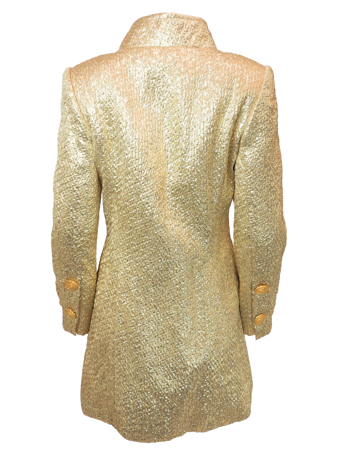 A vintage James galanos metallic gold textured coat with a high stand collar, front zipper, and side pockets