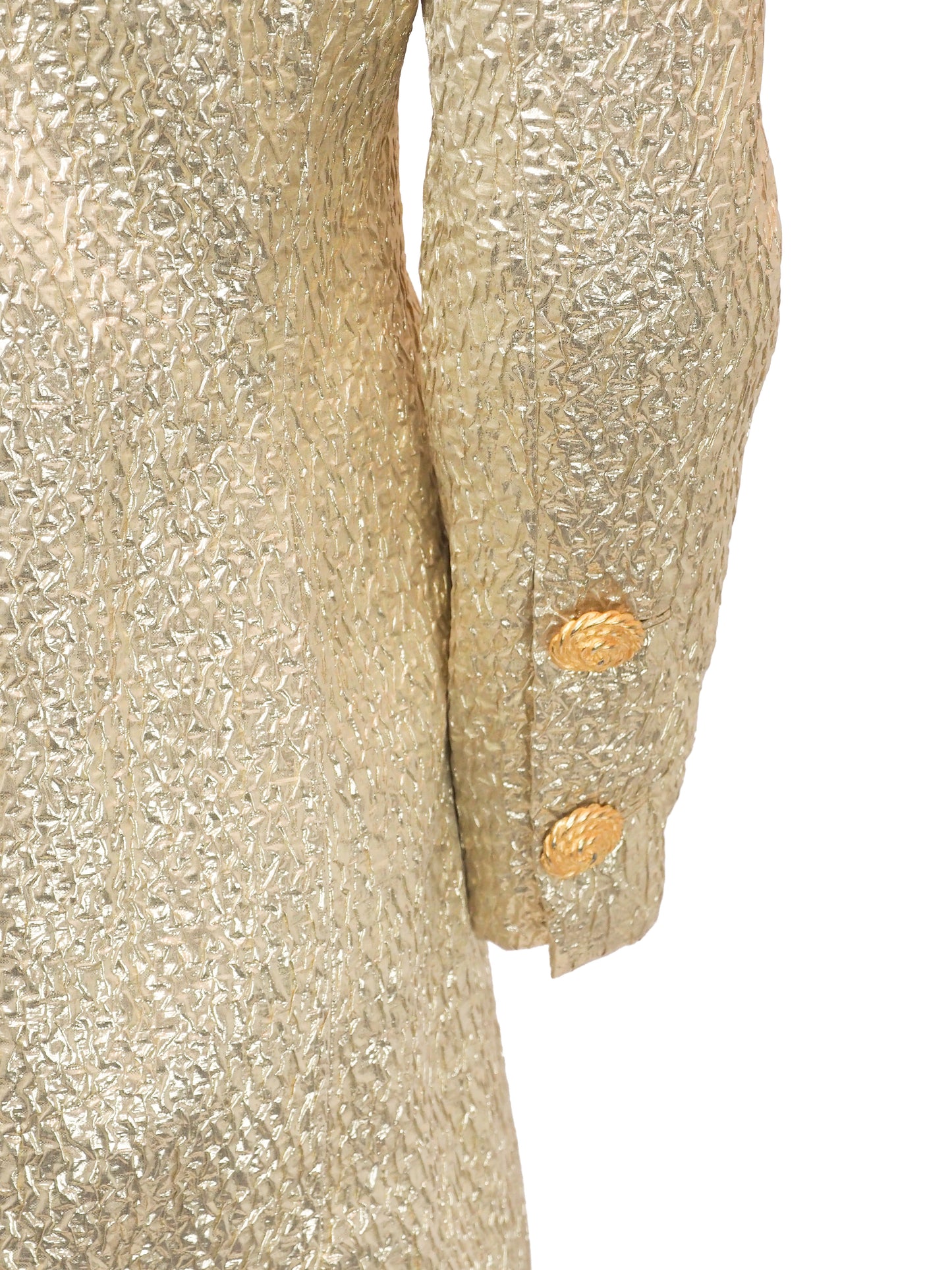 A vintage James galanos metallic gold textured coat with a high stand collar, front zipper, and side pockets
