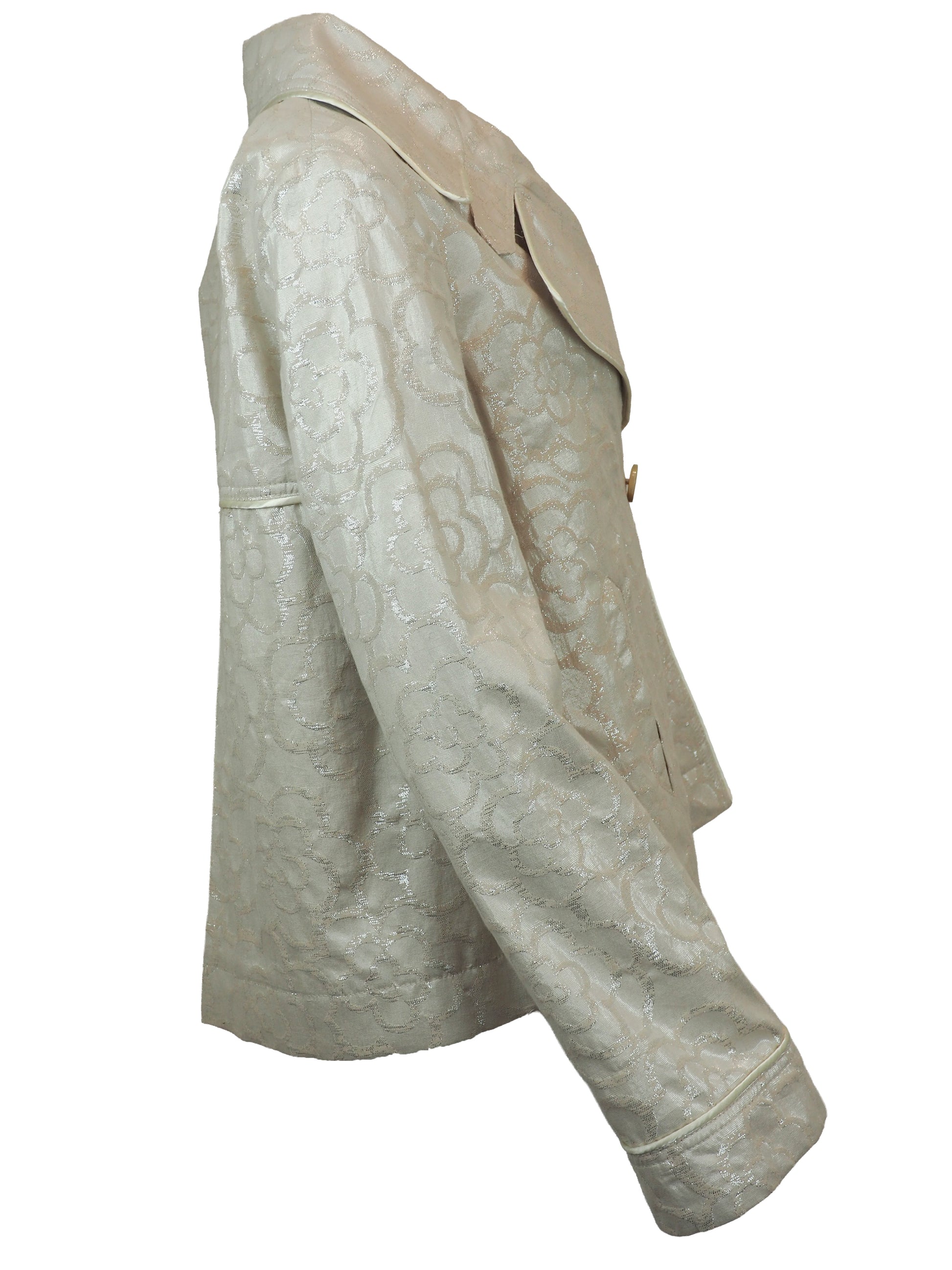 A vintage John galliano 2010 cropped double-breasted jacket in a white light beige jacquard fabric with a subtle floral pattern, featuring notched lapels and four brown buttons