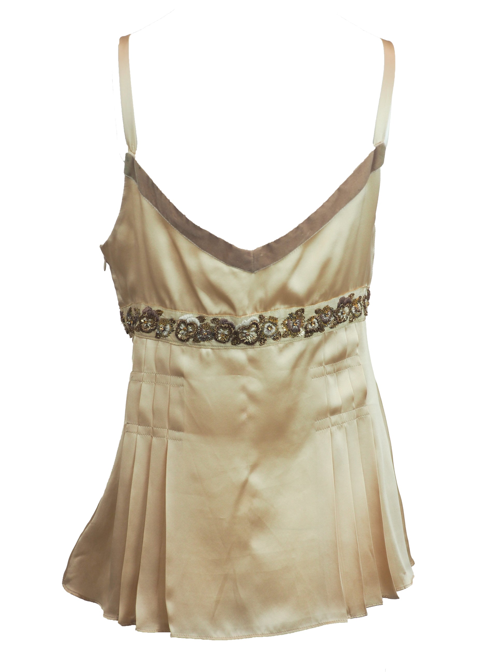 A vintage John galliano Y2K light beige satin camisole top with a V-neckline, thin shoulder straps, a decorative floral embroidered waistband, and pleated detailing on the front