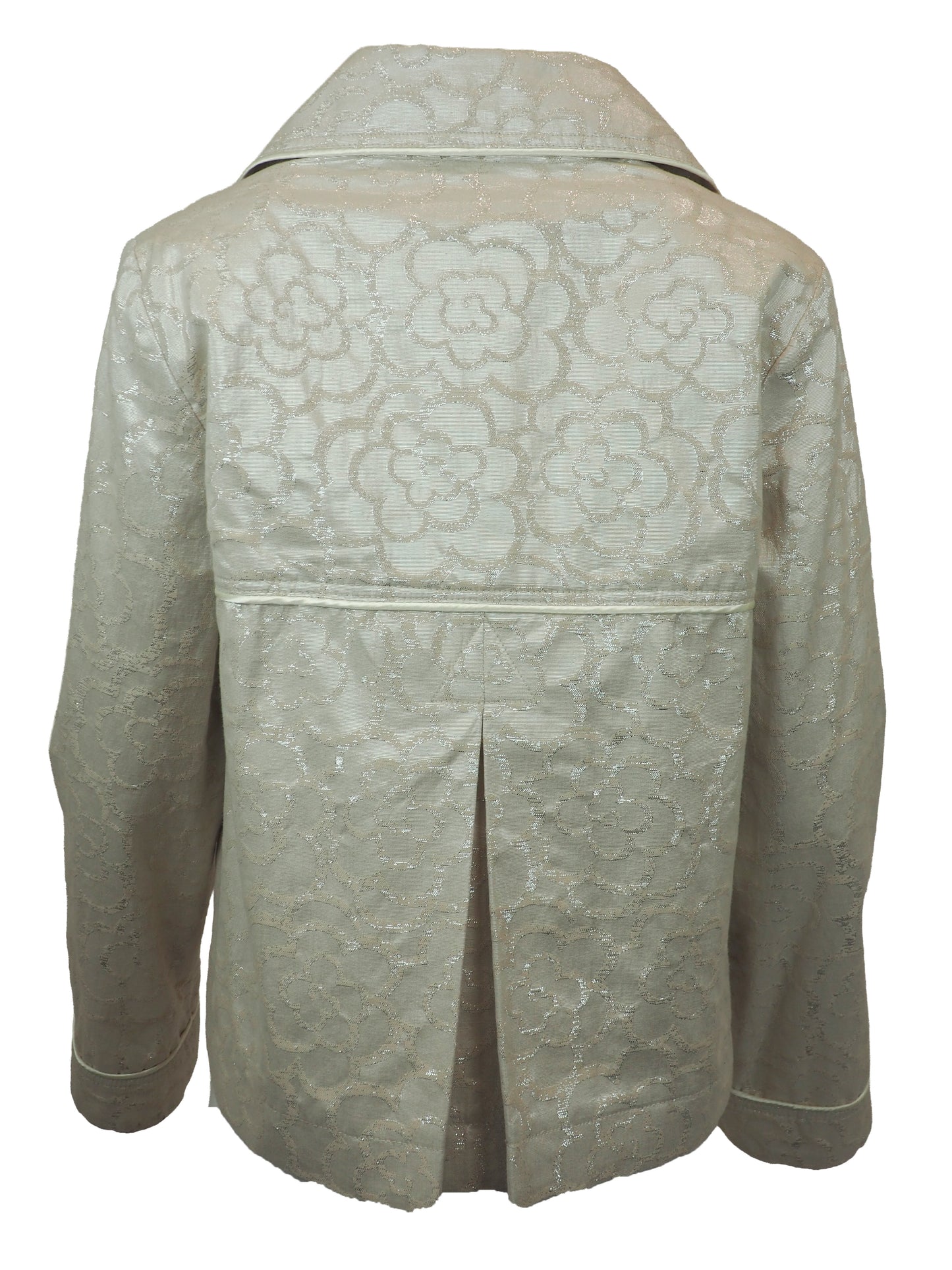 A vintage John galliano 2010 cropped double-breasted jacket in a white light beige jacquard fabric with a subtle floral pattern, featuring notched lapels and four brown buttons