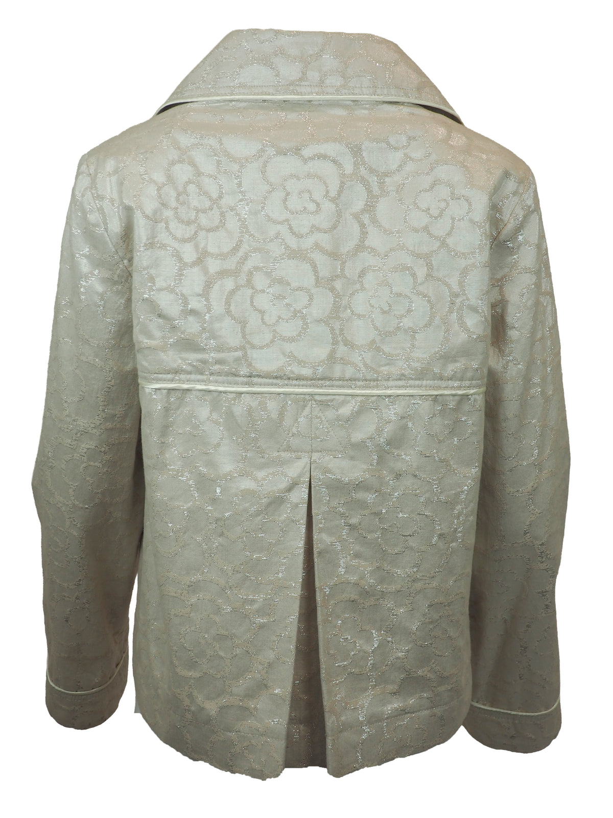 A vintage John galliano 2010 cropped double-breasted jacket in a white light beige jacquard fabric with a subtle floral pattern, featuring notched lapels and four brown buttons