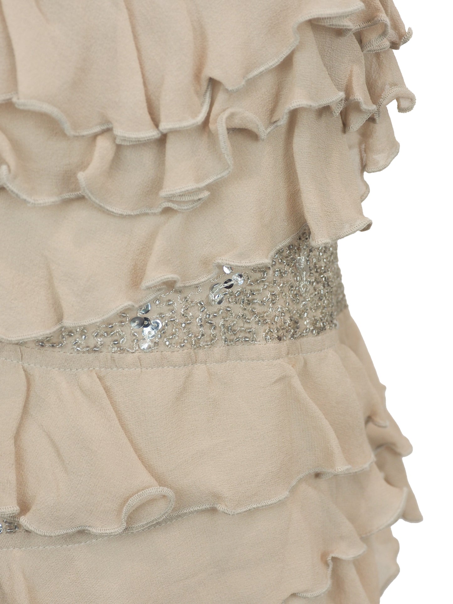 A vintage gianfranco ferre nude pink ruffled spaghetti-strap top with silver sequin trim