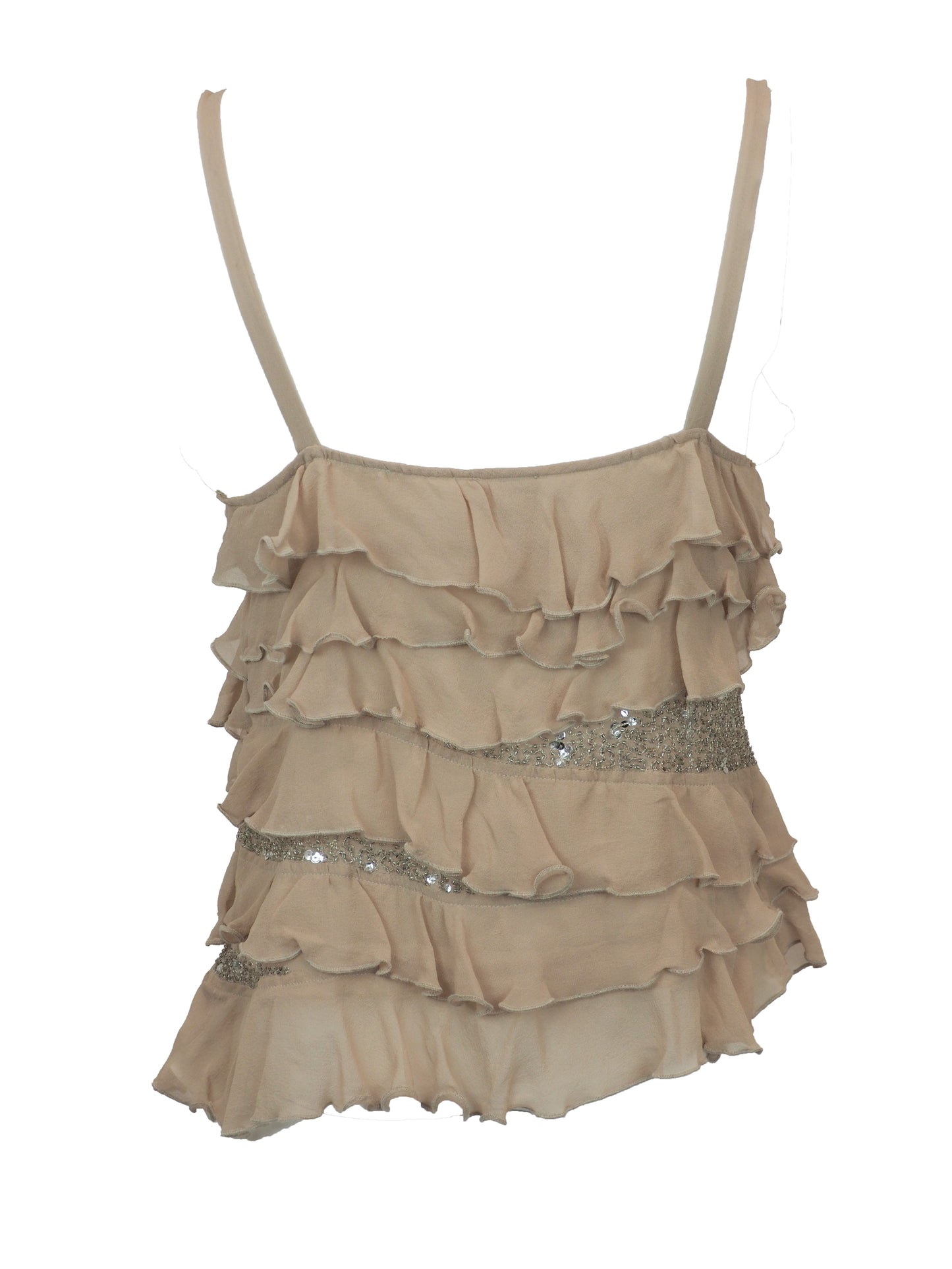 A vintage gianfranco ferre nude pink ruffled spaghetti-strap top with silver sequin trim