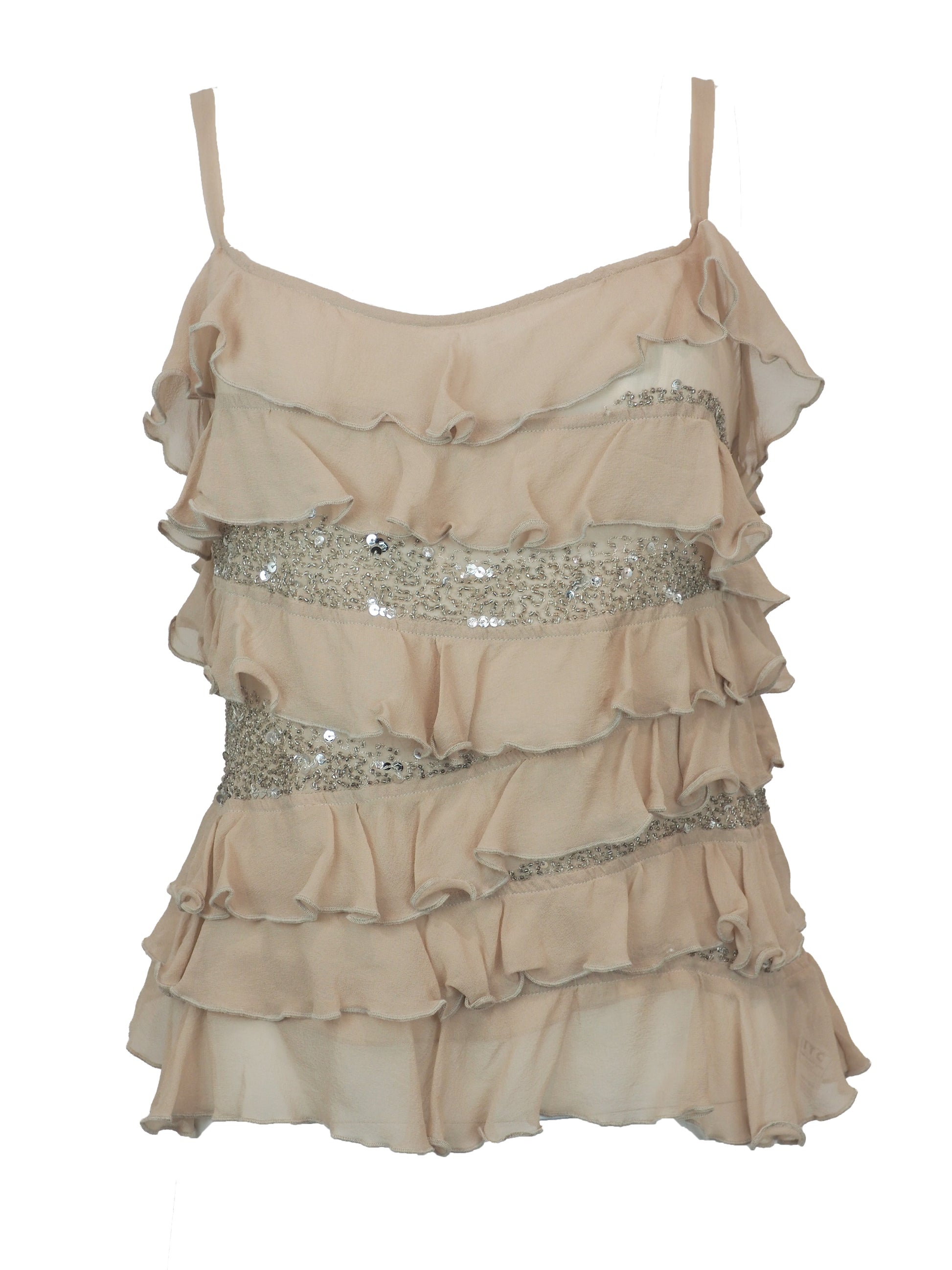 A vintage gianfranco ferre nude pink ruffled spaghetti-strap top with silver sequin trim