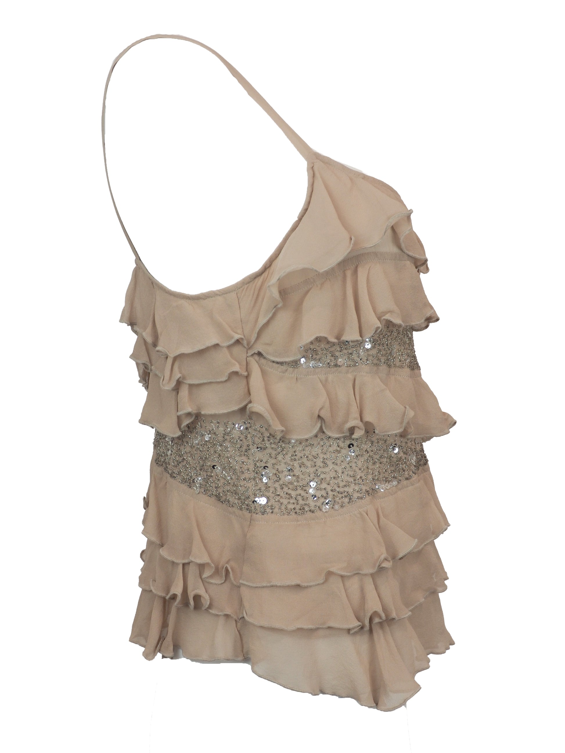 A vintage gianfranco ferre nude pink ruffled spaghetti-strap top with silver sequin trim