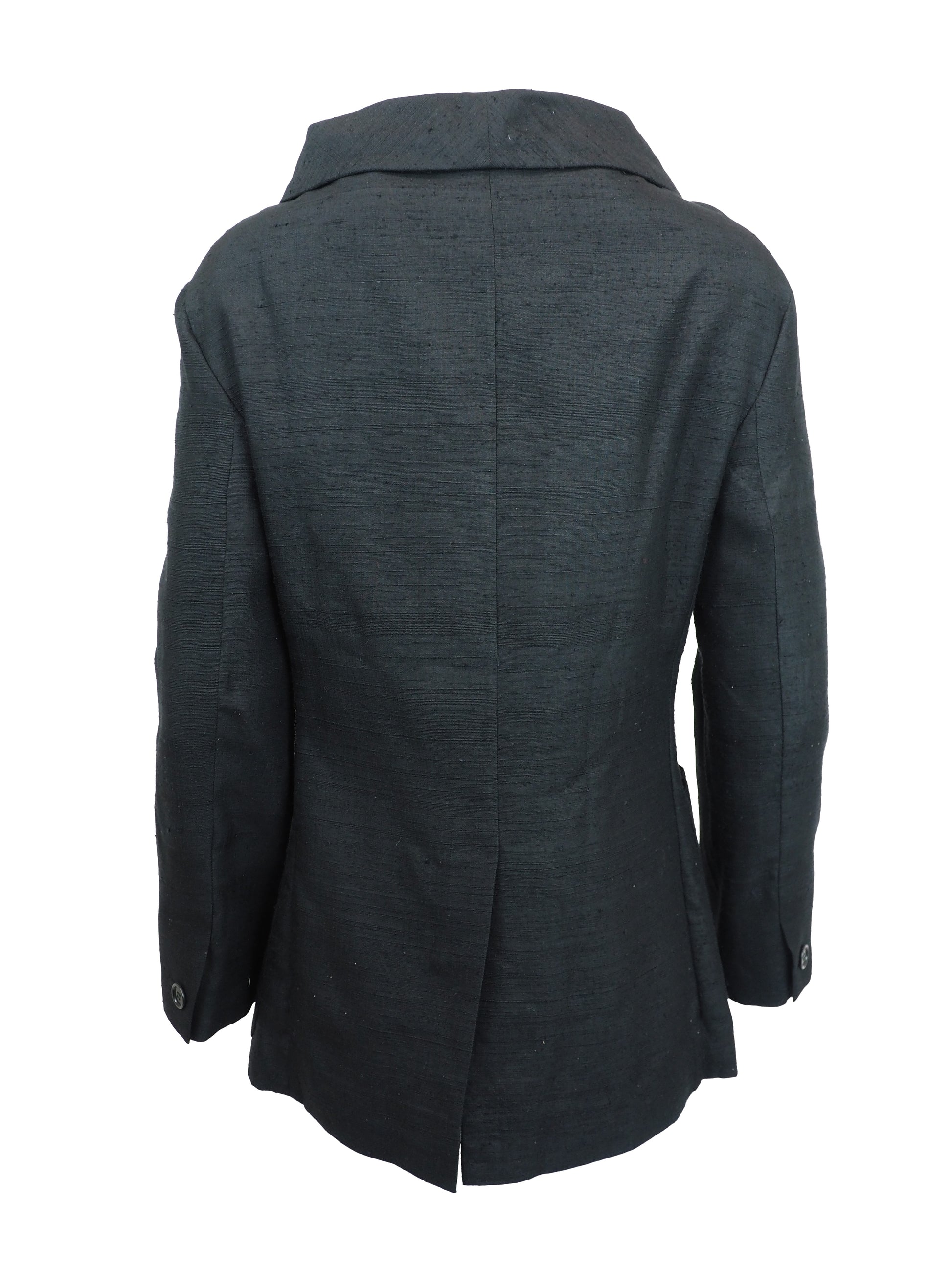A vintage Romeo gigli dark charcoal gray black  textured jacket with a wide pointed collar, four front buttons, and large front patch pockets