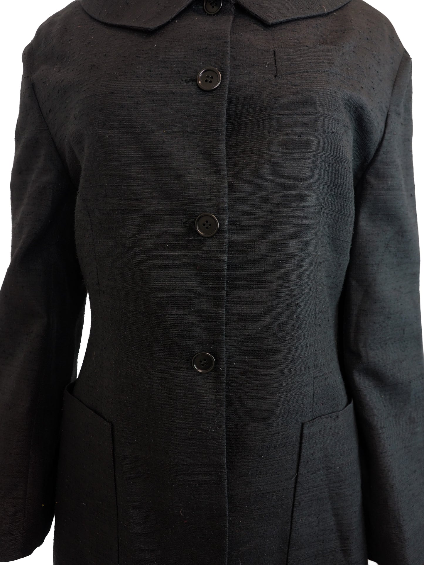 A vintage Romeo gigli dark charcoal gray black  textured jacket with a wide pointed collar, four front buttons, and large front patch pockets