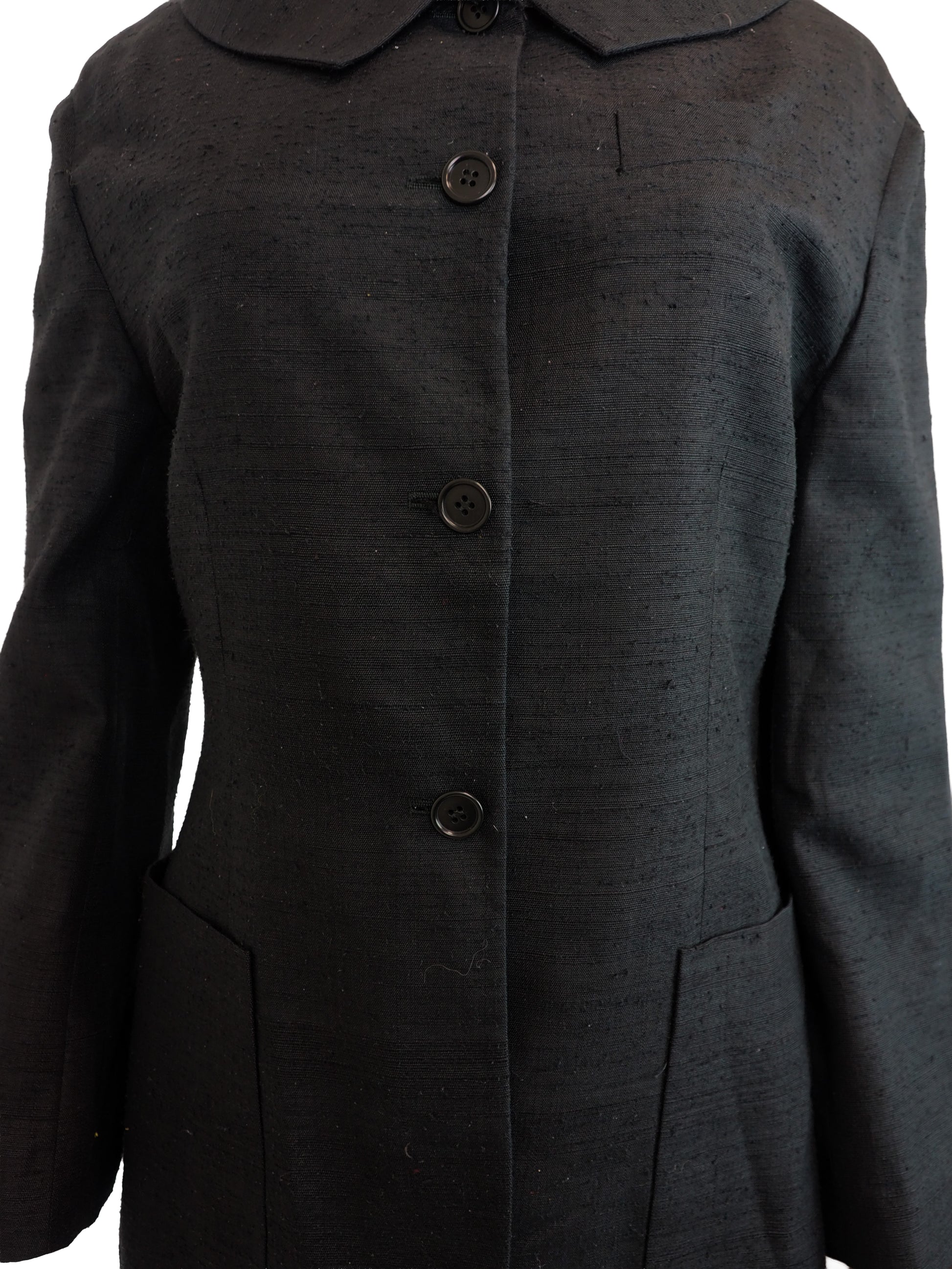 A vintage Romeo gigli dark charcoal gray black  textured jacket with a wide pointed collar, four front buttons, and large front patch pockets
