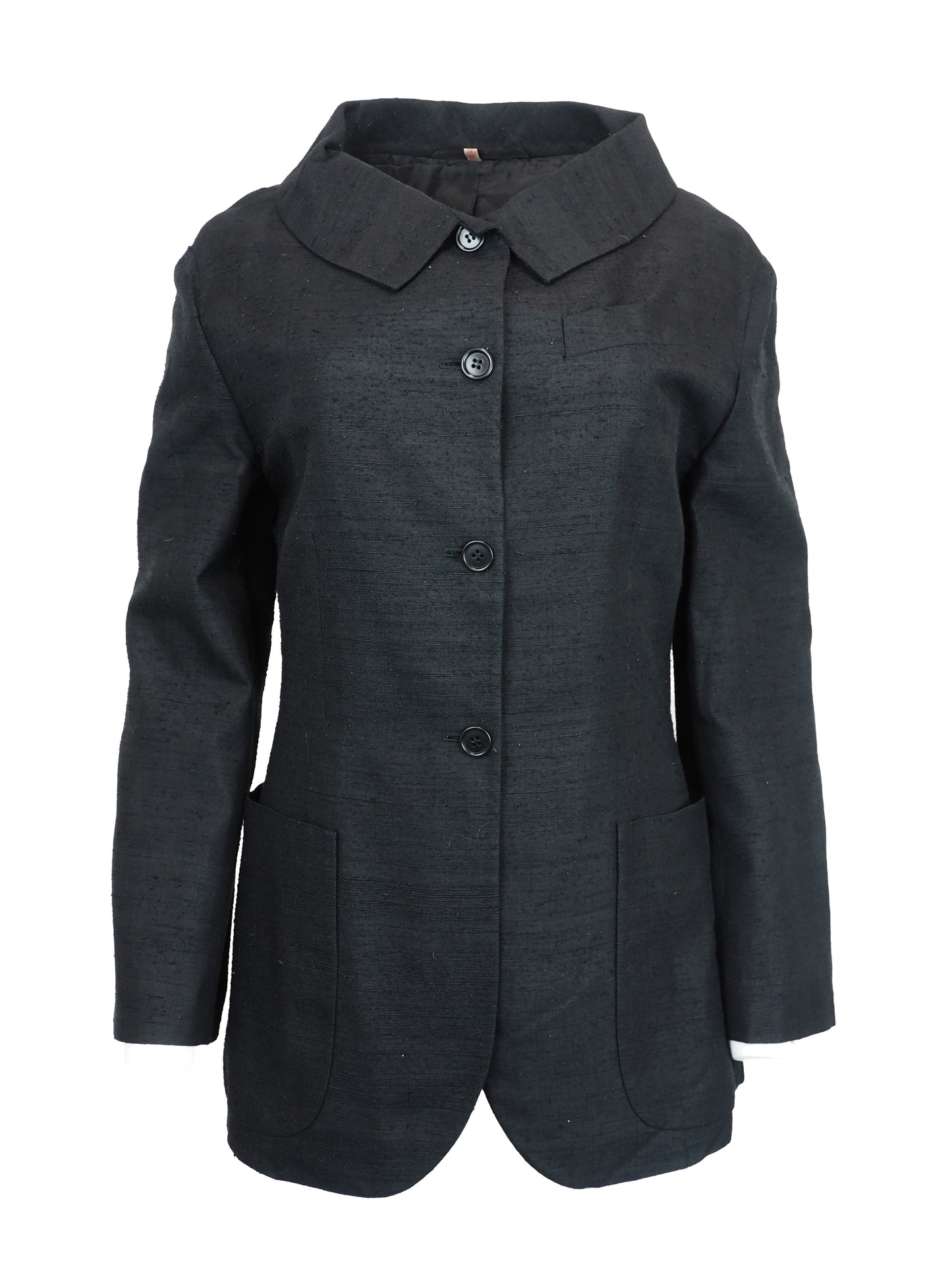 A vintage Romeo gigli dark charcoal gray black  textured jacket with a wide pointed collar, four front buttons, and large front patch pockets