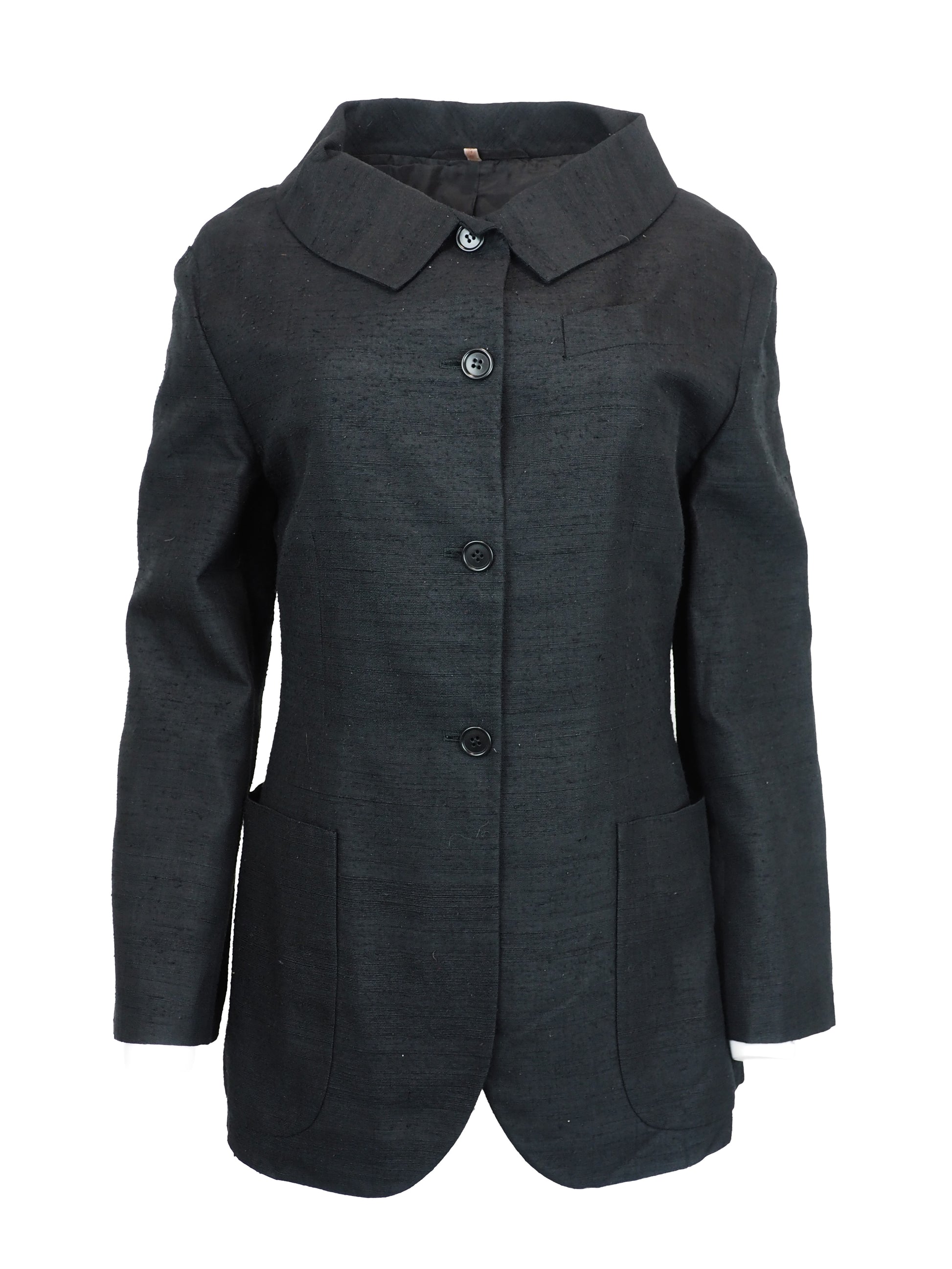 A vintage Romeo gigli dark charcoal gray black  textured jacket with a wide pointed collar, four front buttons, and large front patch pockets