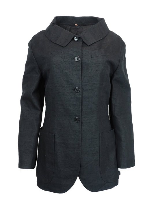 A vintage Romeo gigli dark charcoal gray black  textured jacket with a wide pointed collar, four front buttons, and large front patch pockets