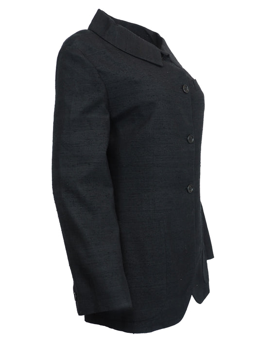A vintage Romeo gigli dark charcoal gray black  textured jacket with a wide pointed collar, four front buttons, and large front patch pockets