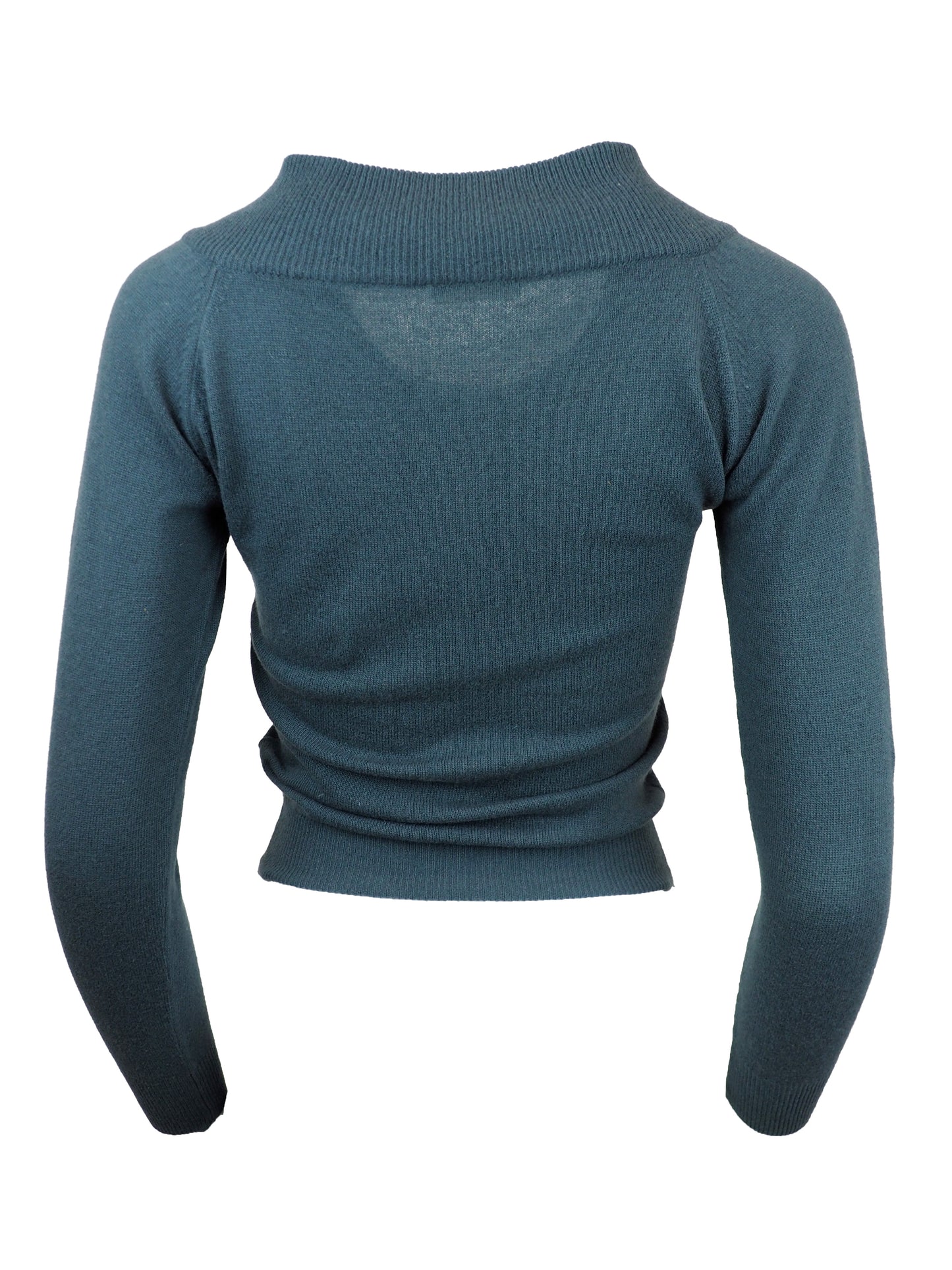 A vintage Romeo Gigli slate blue long-sleeve knit sweater with a wide folded collar
