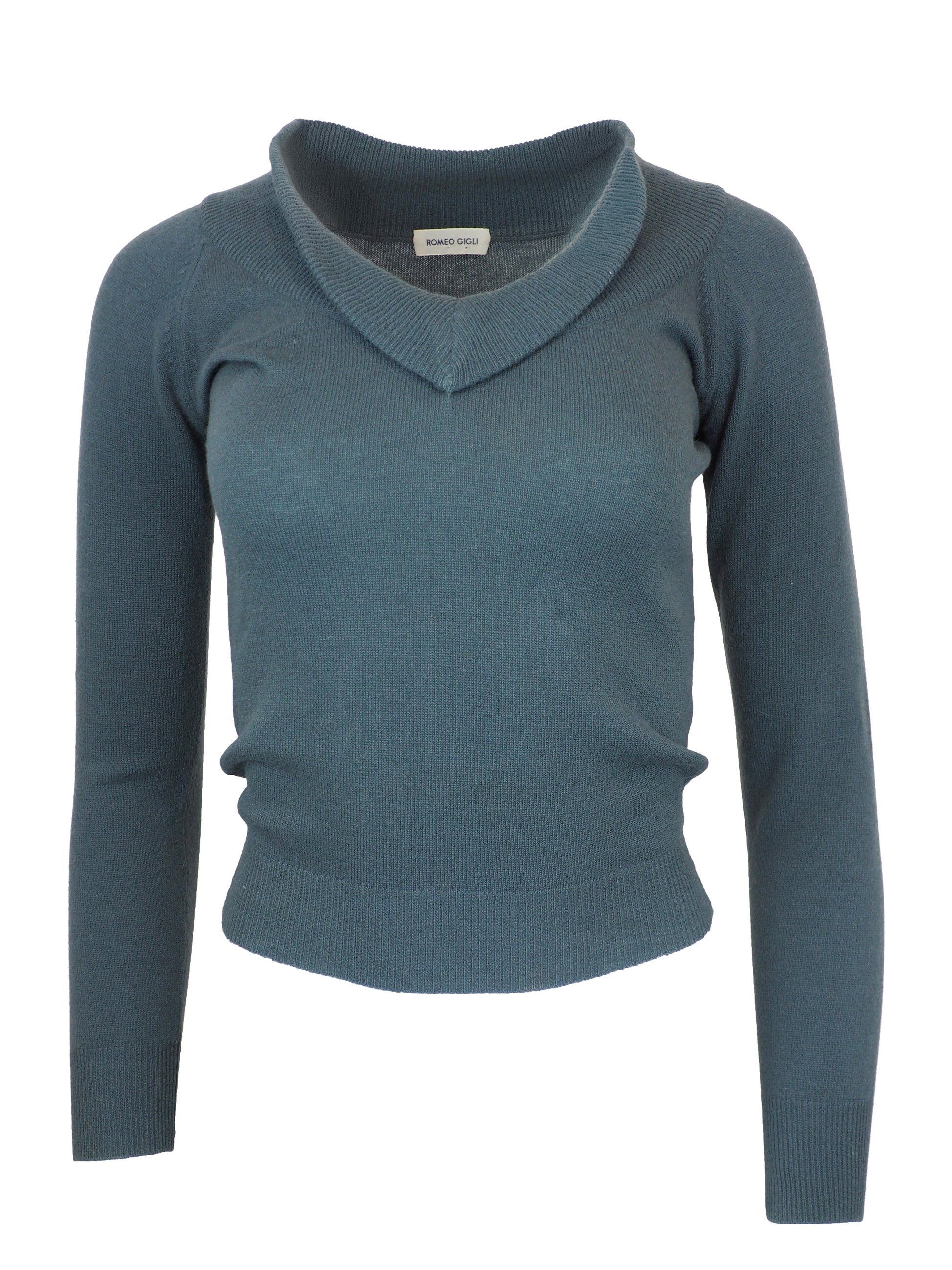 A vintage Romeo Gigli slate blue long-sleeve knit sweater with a wide folded collar