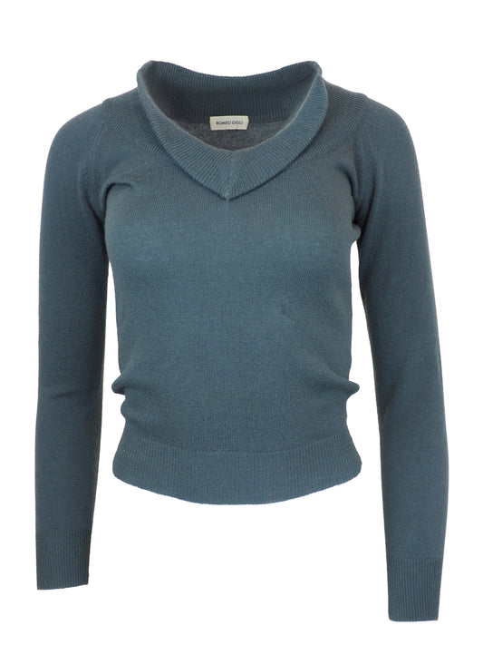 A vintage Romeo Gigli slate blue long-sleeve knit sweater with a wide folded collar